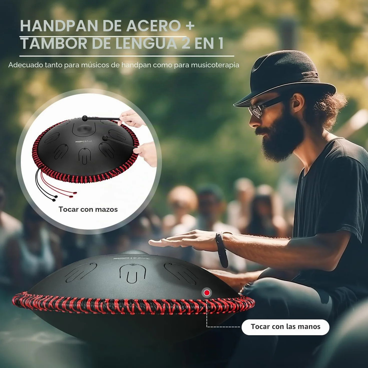 MOOZICA Steel Handpan Tongue Drum, 14 Pulgadas 17 Notas en D Minor con Diseño de Sobretono de Octava, Instrumento de Percusión de Tambor Manual con Bolsa de Transporte (D kurdo, negro)