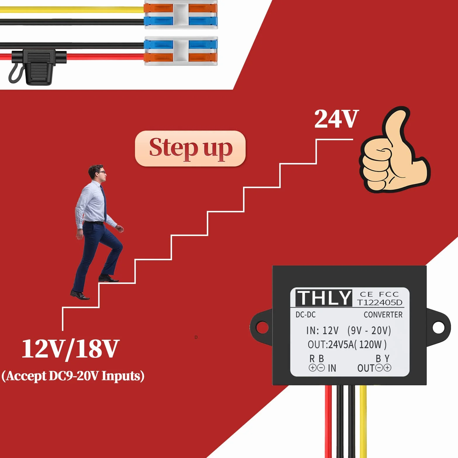 12V a 24V Step up Converter, Convertidor Transformador 5A 120W Convertidor 12v a 24v con Fusible Impermeable Y Bloque de Terminal Rápido, DC DC Converter para de Camión Vehículo Barco (Acepta DC9-20V)