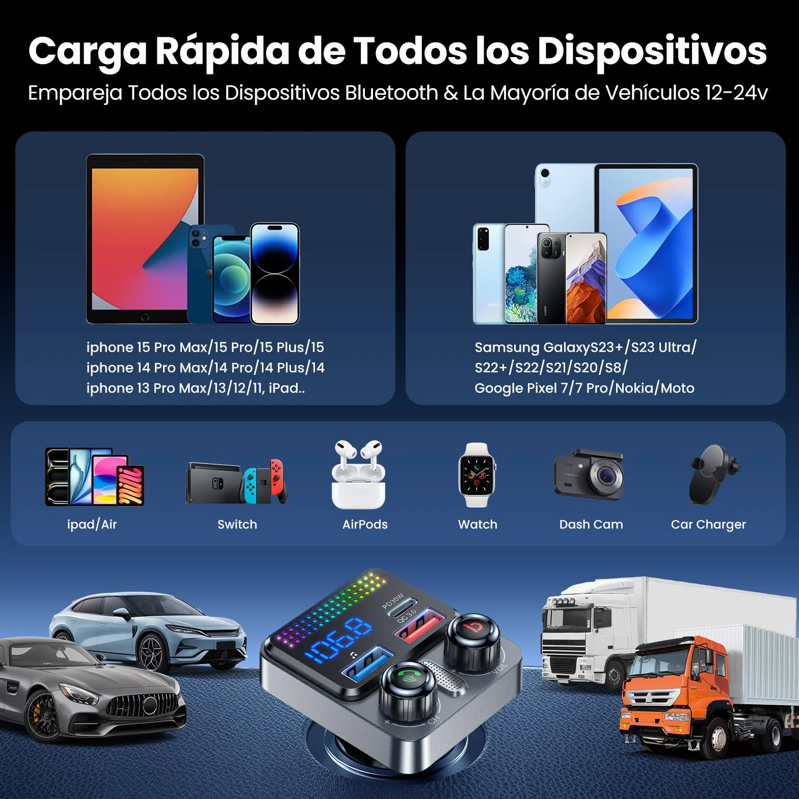 GizmoVine Transmisor FM para Coche, Adaptador Bluetooth 5.4 48W, 3 Puertos Carga (PD 30W + QC 18W), Música Inalámbrica, Grave Profundo, Manos Libres, Asistente de Voz, Pen Drive, 12V/24V