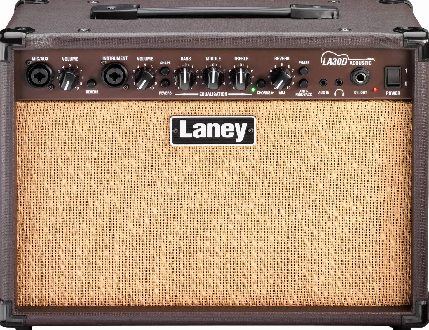 Laney LA30DAmplificador de guitarra acústica – Amplificador de combo de 30W de doble canal con entradas de micrófono y instrumento XLR o jack, reverberación, coro, anti retroalimentación - Marrón