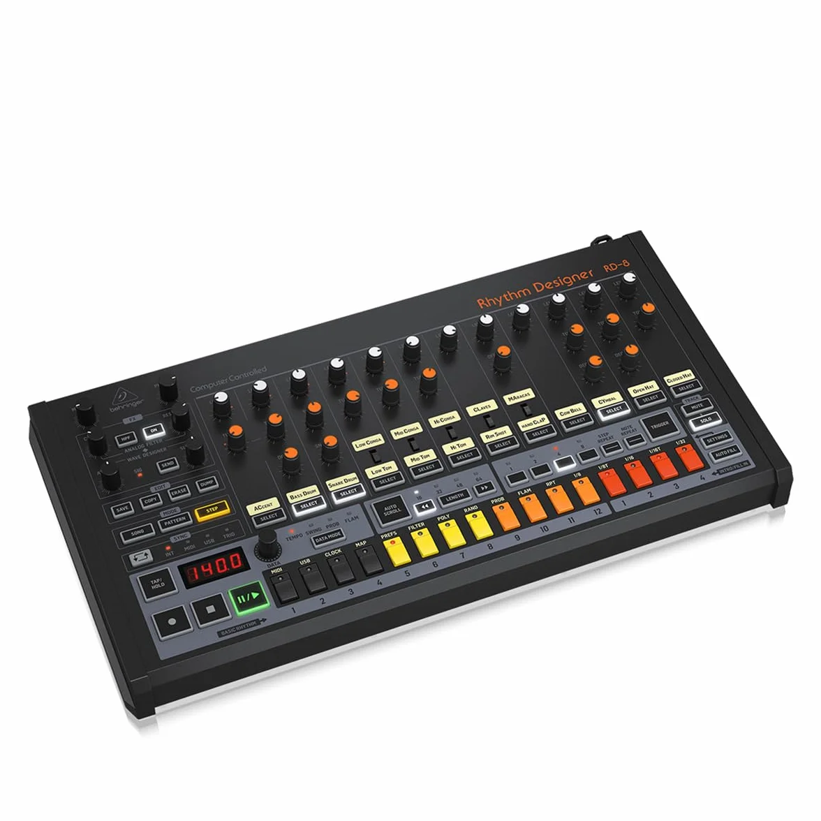 Behringer RHYTHM DESIGNER RD-8 MKII Caja de ritmos analógica clásica con 16 sonidos de batería, secuenciador de 64 pasos, diseñador de ondas y filtro de modo dual