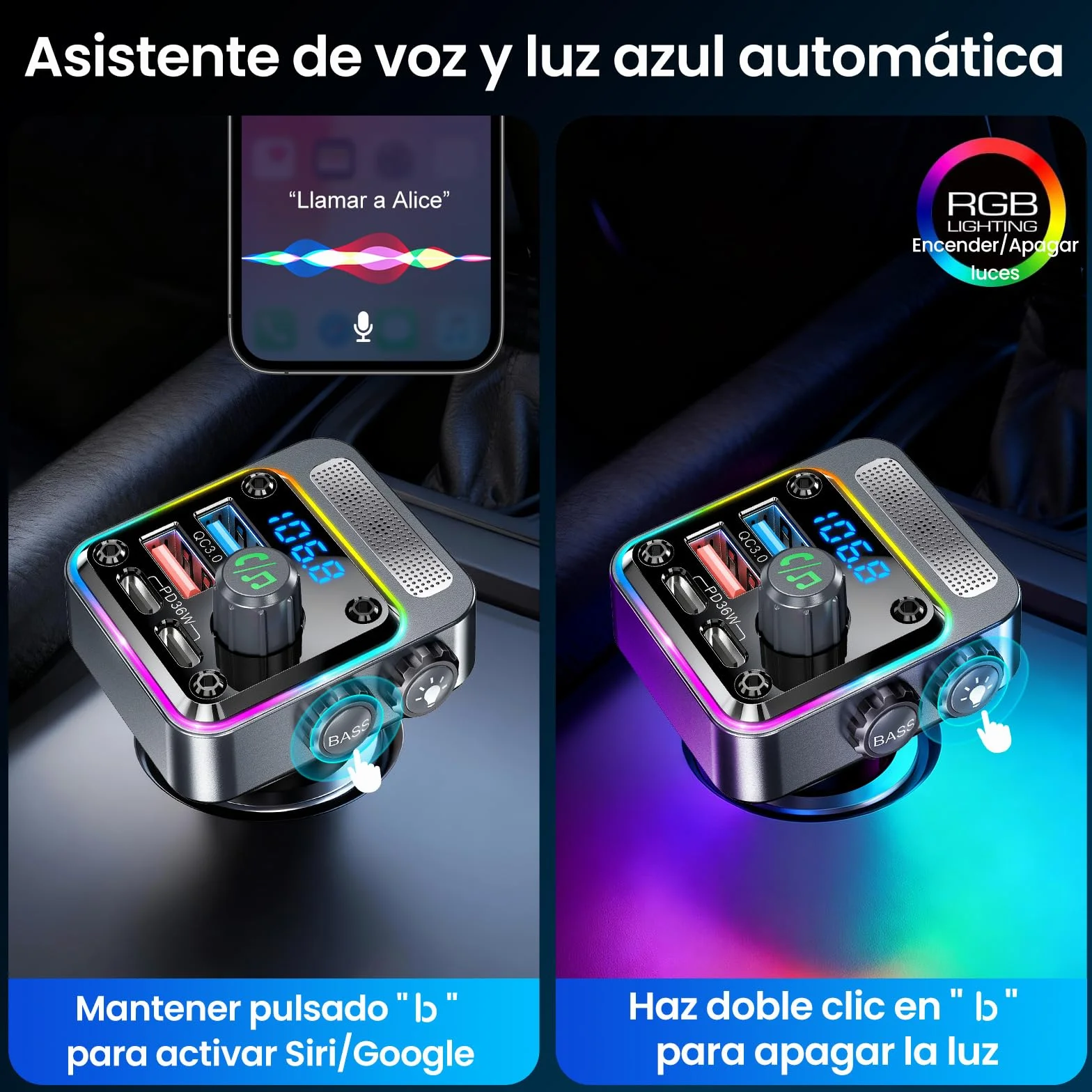 Gizmovine Transmisor FM Bluetooth Coche,Manos Libres Adaptador Bluetooth Radio Coche,Carga Rápida (USB C PD 36W QC3.0 18W),Mechero Accesorios Coche,Bass,Inalámbrico Reproductor Musica MP3