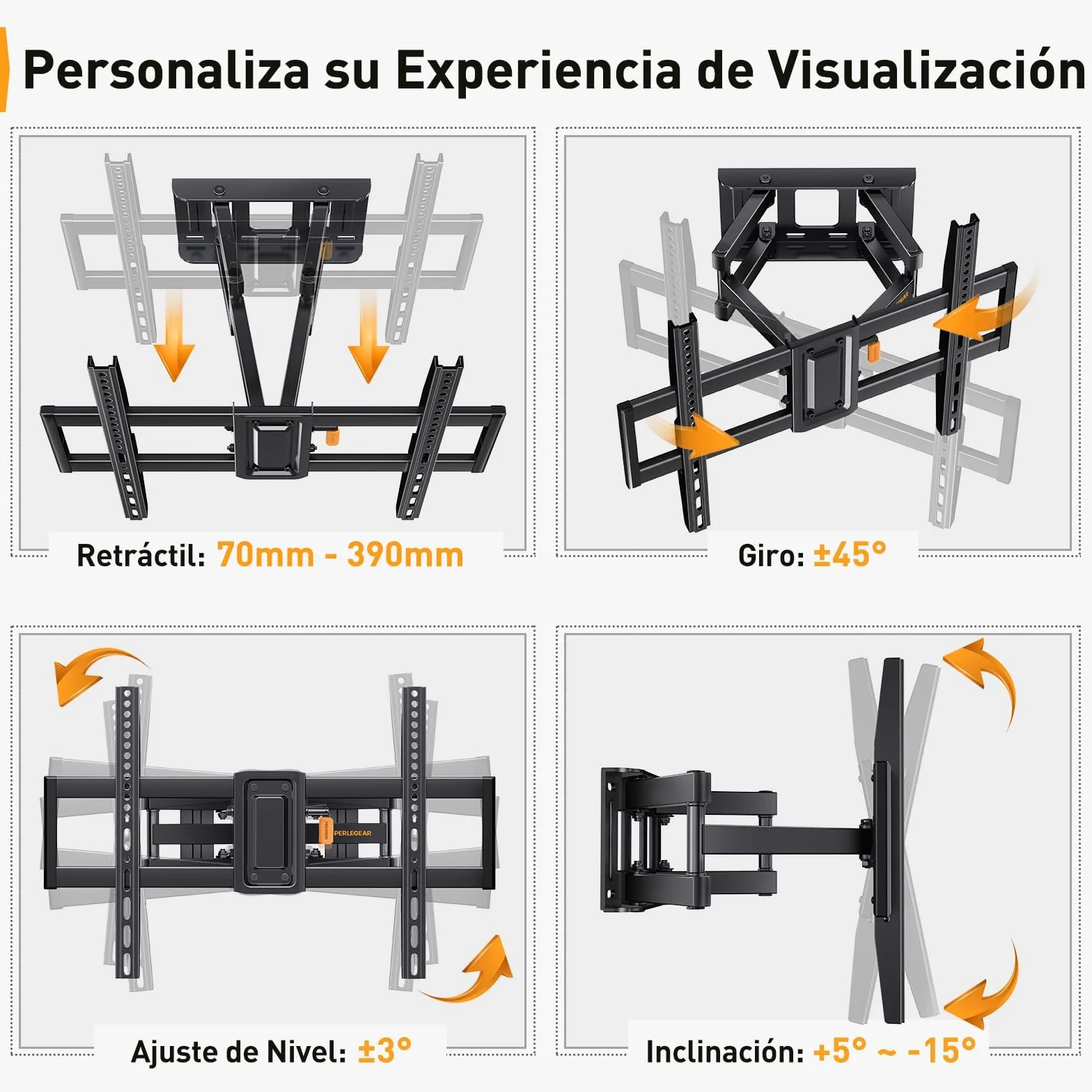 Perlegear Soporte de TV Pared Articulado Inclinable y Giratorio 37-82 Pulgadas 60 kg MAX VESA 600x400mm