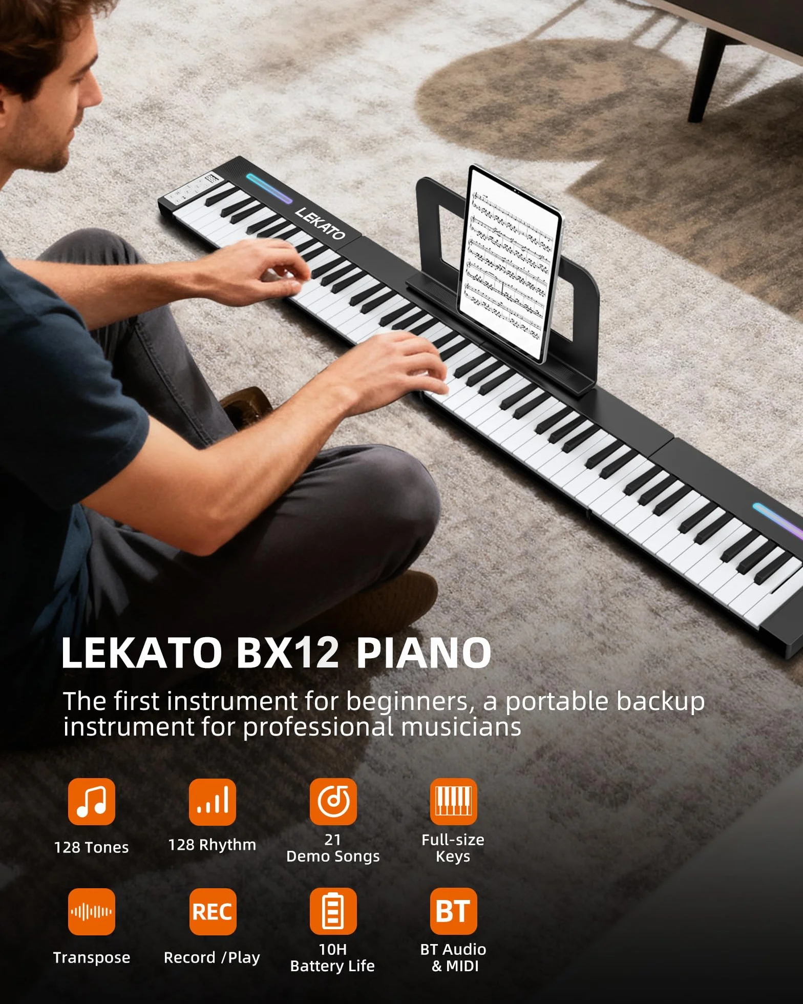 LEKATO teclado piano portátil 88 teclas magnético plegable piano electrónico 128 sonidos 128 ritmos Bluetooth MIDI split dual tone grabación auriculares principiantes hogar viaje