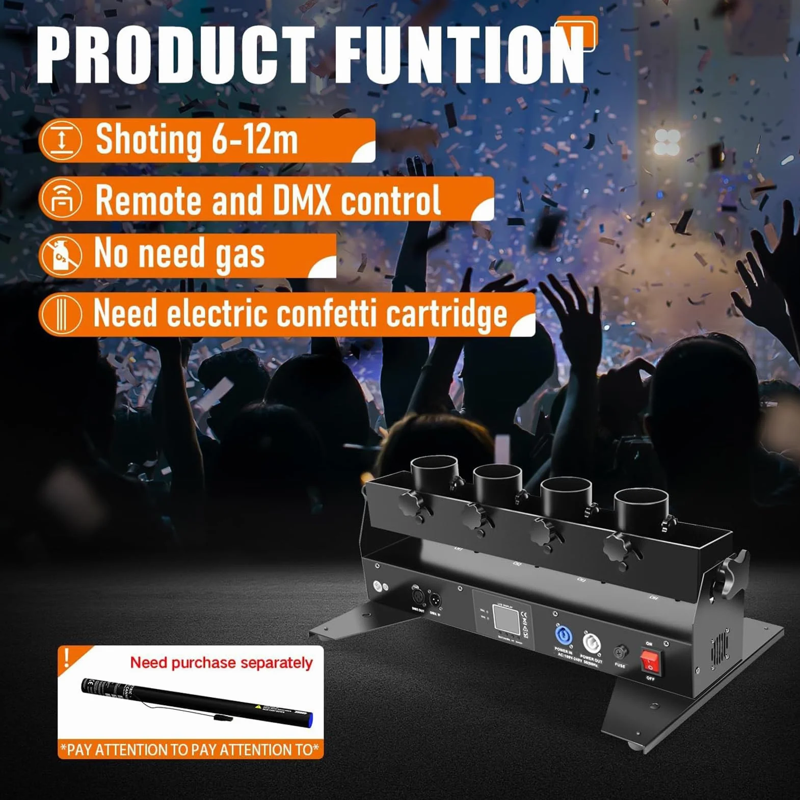 MáQuina De Confeti EléCtrica De 4 Disparos, Soplador De Confeti Con Efecto De IluminacióN De Escenario, Lanzador De Confeti, CañóN De Serpentina Con Control Remoto InaláMbrico Para Fiestas, Bodas