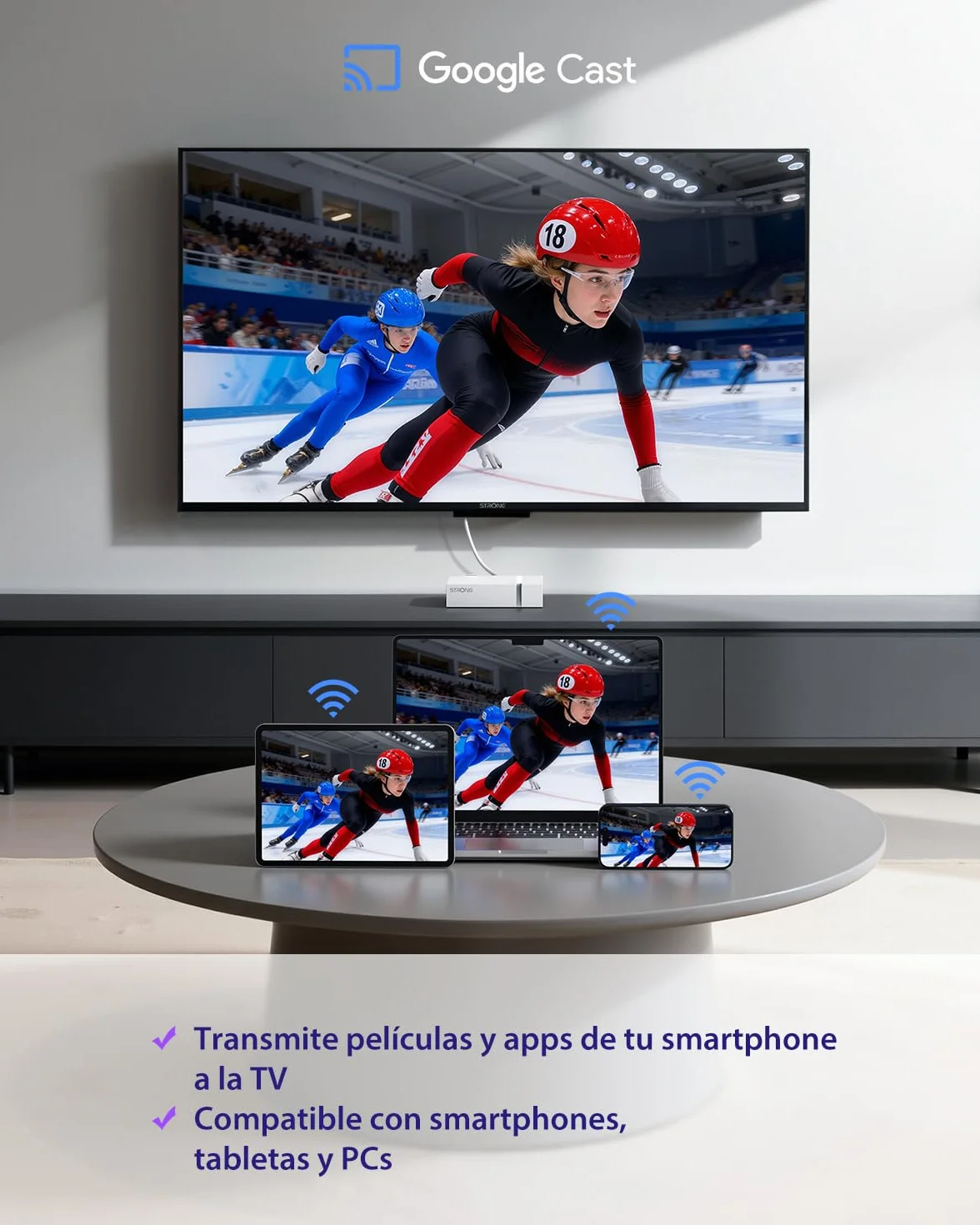 STRONG Leap-S3+V2 Streaming Smart TV Box 4K UHD 2GB RAM 16GB HDR10+ Dolby Vision WiFi 5 BLE 5 Ethernet RJ45 Asistente de Voz Blanco