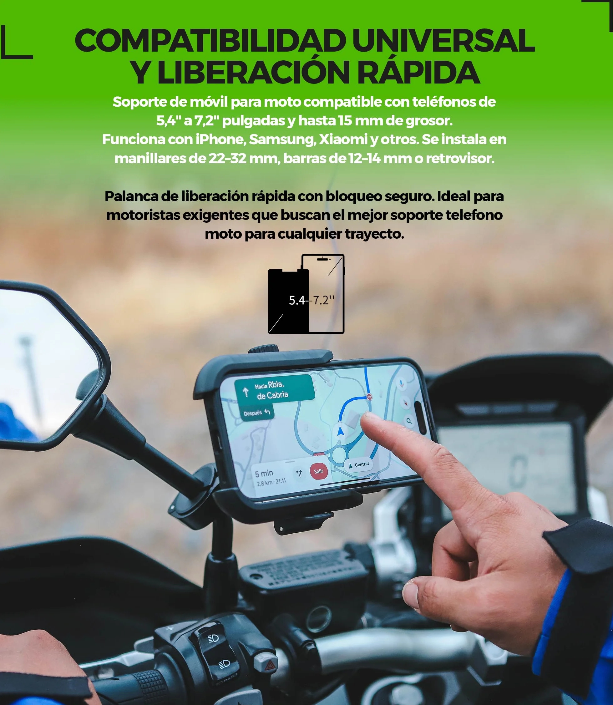 Soporte Móvil Moto Antivibración Aluminio CNC Liberación Rápida Rotación 360° Montaje Manillar 22-32mm Espejo 12-14mm Compatible Scooter Bicicleta