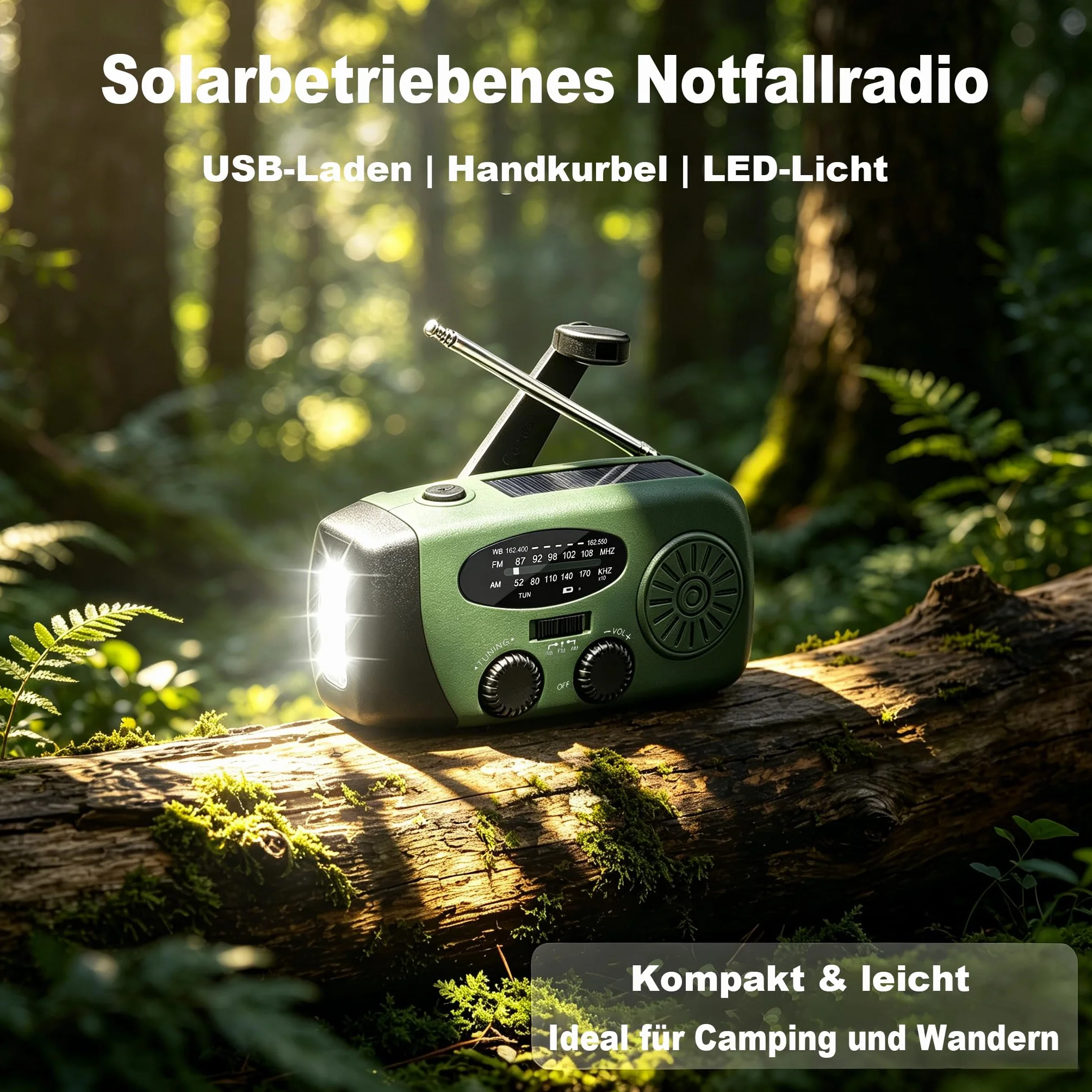 Radio Solar de Emergencia con Manivela Portátil, FM/AM 2000mAh 3 Modos de Luz LED Linterna, Carga Solar USB-C y Manivela, Resistente al Agua Ideal para Camping Viajes Supervivencia y Cortes de Energía