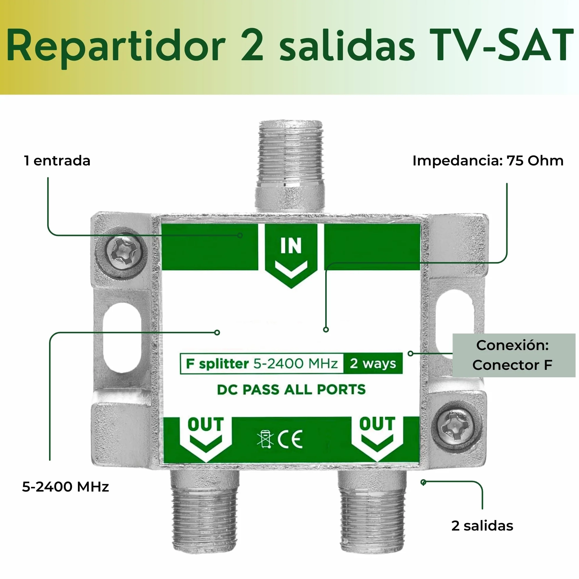 TECHZOCO Repartidor de 2 Salidas, Distribuidor 2 Salidas, Repartidor Serie Class A, 5-2400 MHz, Apto para Bandas de frecuencia Dab, FI, FM, UHF, VHF, Incluye 3 Conectores F, 2 Salidas
