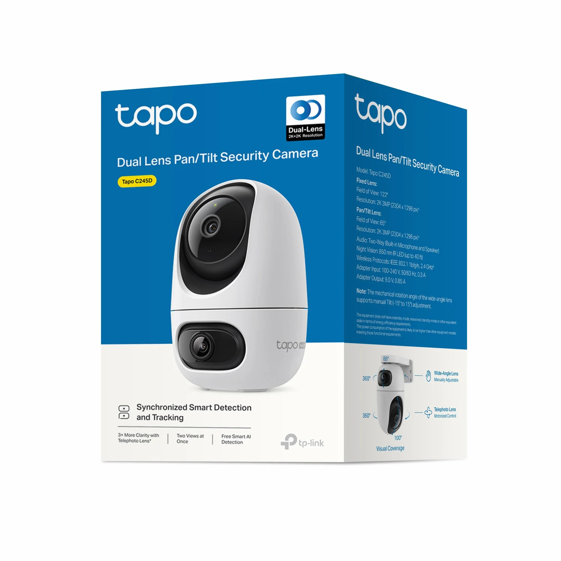 Tapo C245D Cámara de vigilancia WiFi Interior Doble Lente 2K Seguimiento automático 360° Detección IA Personas Mascotas Vehículos Visión Nocturna Audio bidireccional Almacenamiento Local