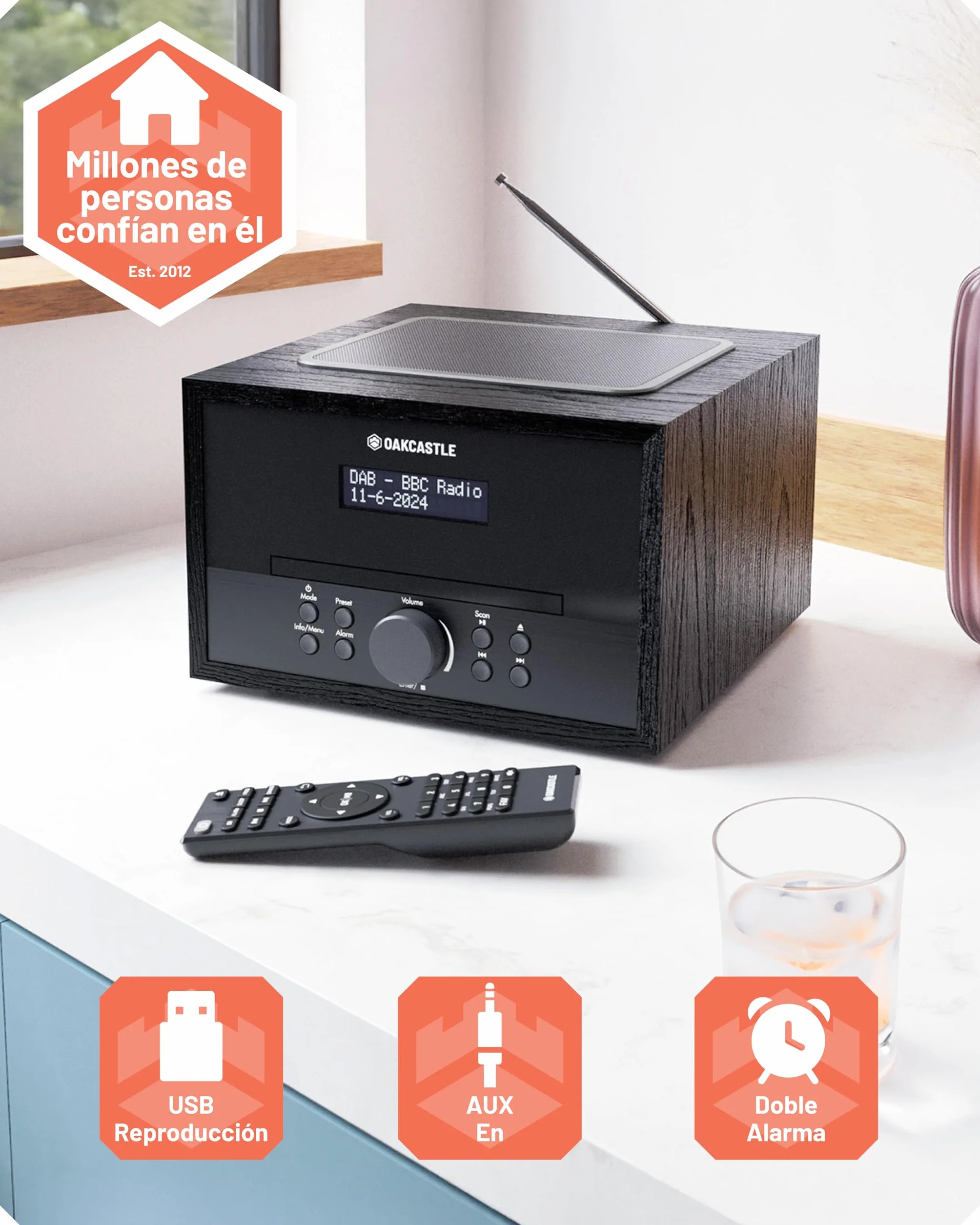 Reproductor de CD | Microcadena HiFi Bluetooth con Radio Dab+ y FM | Equipo de Música con Altavoces 40W y Doble Alarma | USB (Solo reproducción), AUX, Mando a Distancia | Oakcastle DAB400