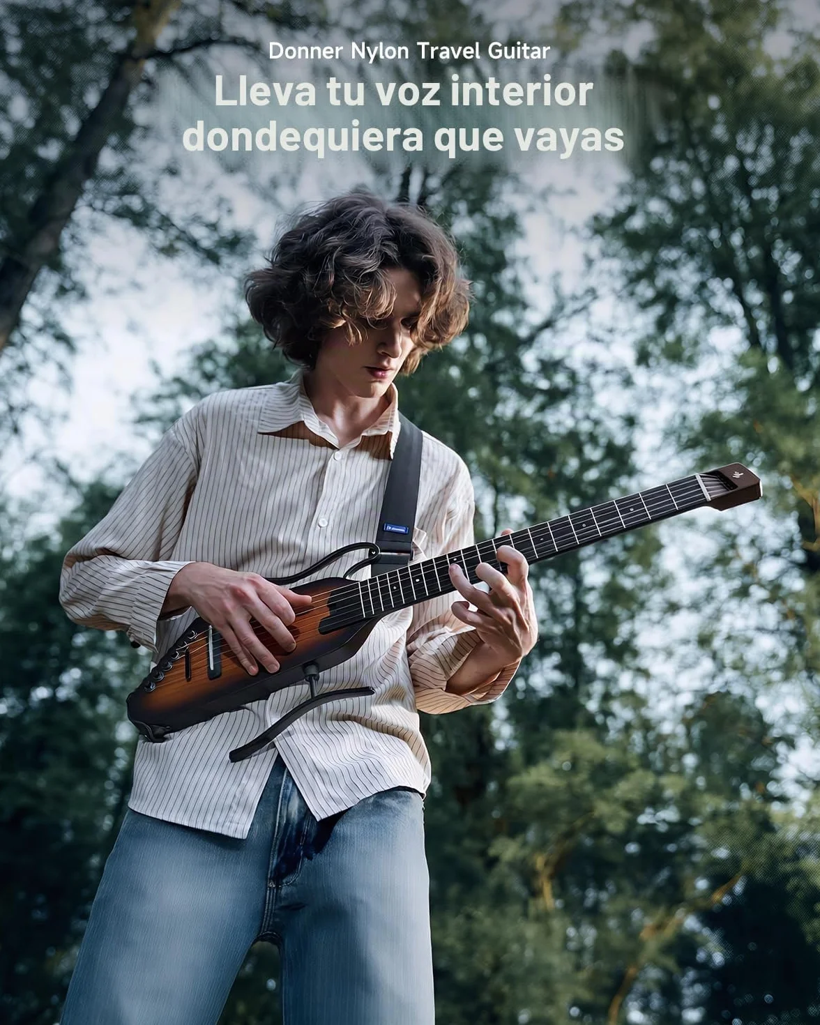 Donner HUSH-C Guitarra de Viaje con Cuerdas de Nylon, Guitarra Electroacústica Portátil, Ultraligera para Práctica Silenciosa con Auriculares, Afinador Integrado y Funda, Sunburst