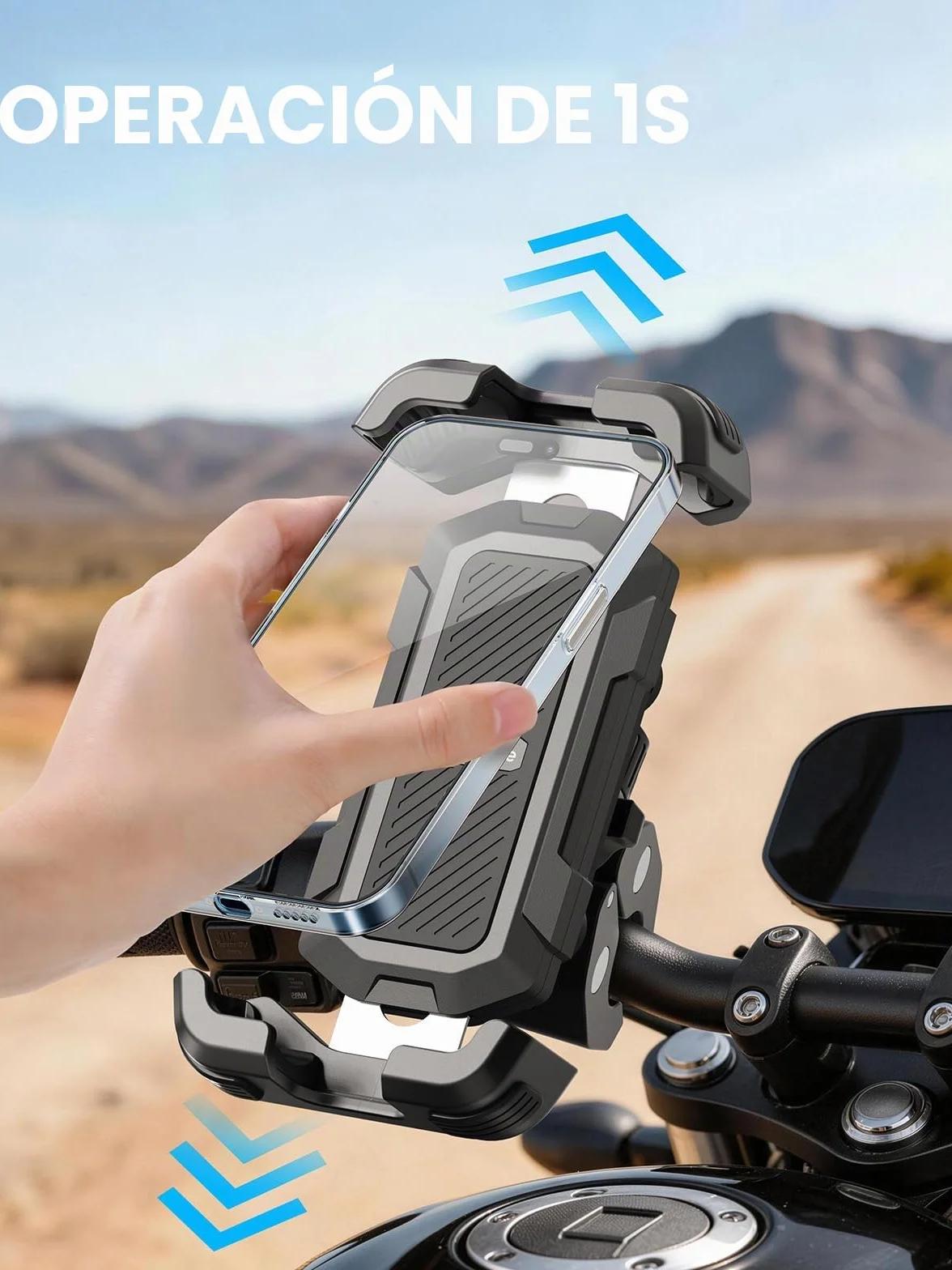 tounee Soporte para teléfono de Motocicleta Doble Amortiguador de Vibraciones Clip de Manillar sin Herramientas Cierre Seguro para iPhone 16/15 Pro MAX 4.7-6.7" Negro