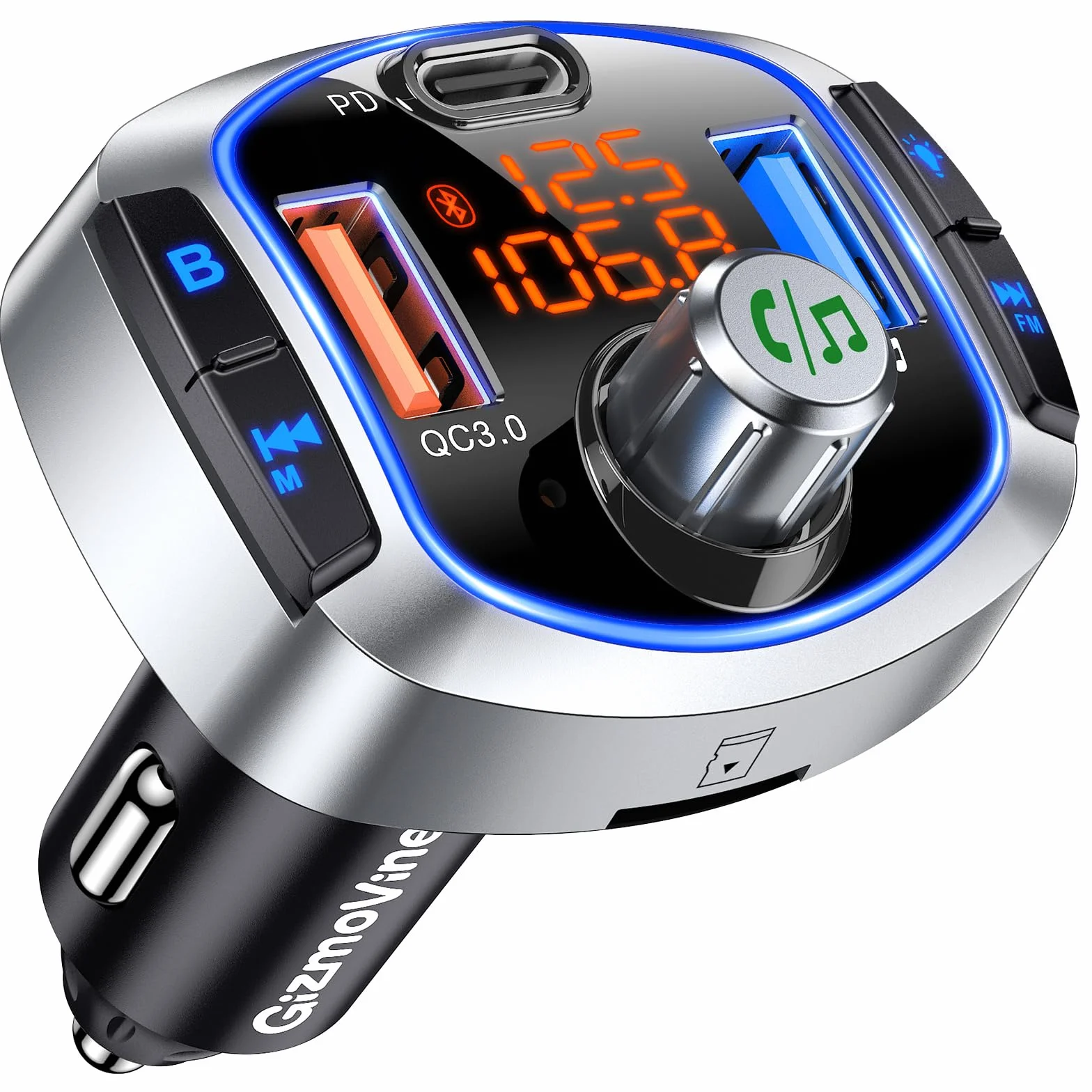 GizmoVine Transmisor FM Bluetooth 5.4 Coche 81W, Adaptador Radio Coche con Carga Rápida Dual PD 45W & QC3.0 36W, Bluetooth Manos Libres con Cancelación de Ruido, Bass Boost, Botón de Apagado y Luz LED