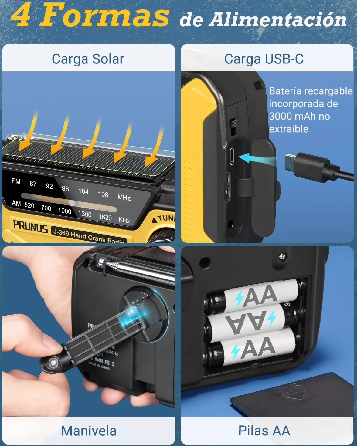 PRUNUS J-369 Radio Solar y a Pilas, Radios Emergencia con Manivela, Am FM Radio Portatil Pequeña Recargable con Banco de Energía de 3000 mAh, Lámpara Lectura, Linterna, SOS.