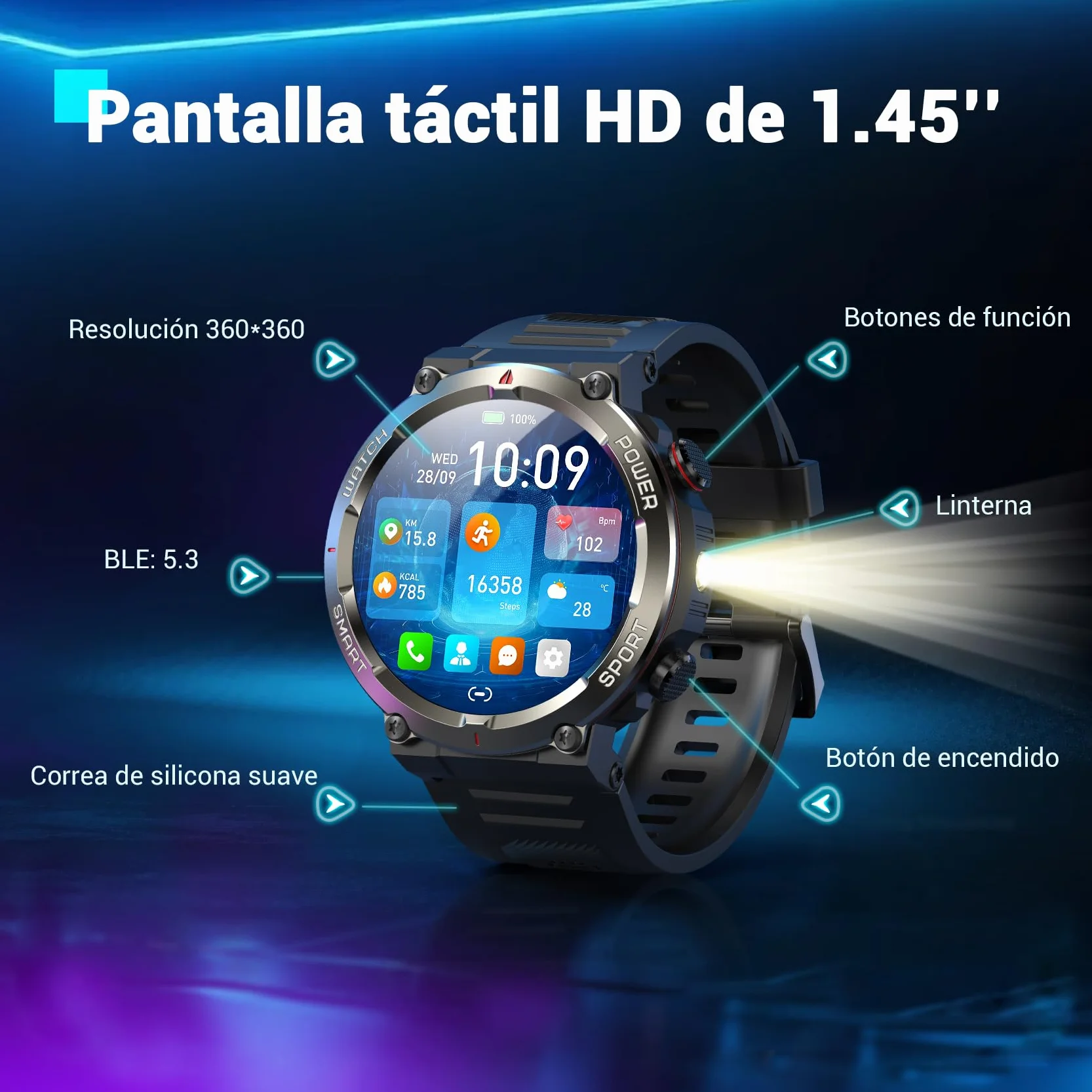 Blackview Reloj Inteligente Hombre - Linterna y Brújula, 1,45" Militar Smartwatch Hombre- Llamadas Bluetooth, Pulsómetro, Oxímetro, Monitor de Sueño, Pulsera Actividad 100+ Modos Deportivos, Podómetro