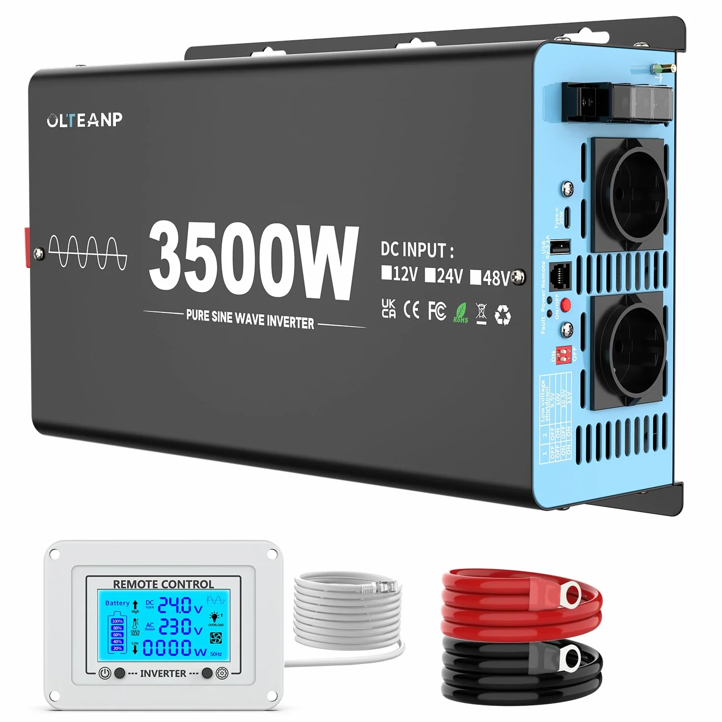 OLTEANP 3500W Inversor Onda Pura 24v a 230v Profesional, 7000W Pico, Convertidor de Corriente con Pantalla LCD y Mando, 2 Tomas AC y USB/Tipo-C, para Caravana Camper Batería Litio