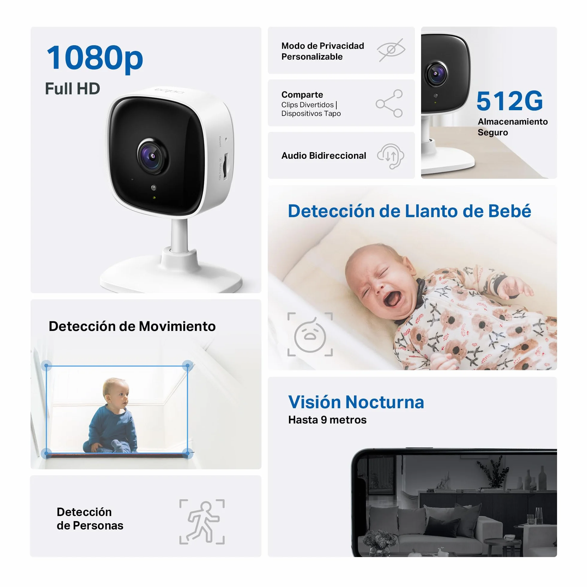 Tapo Cámara de vigilancia Wi-Fi Interior 1080P visión nocturna detección movimiento audio bidireccional almacenamiento SD compatible Alexa Blanco