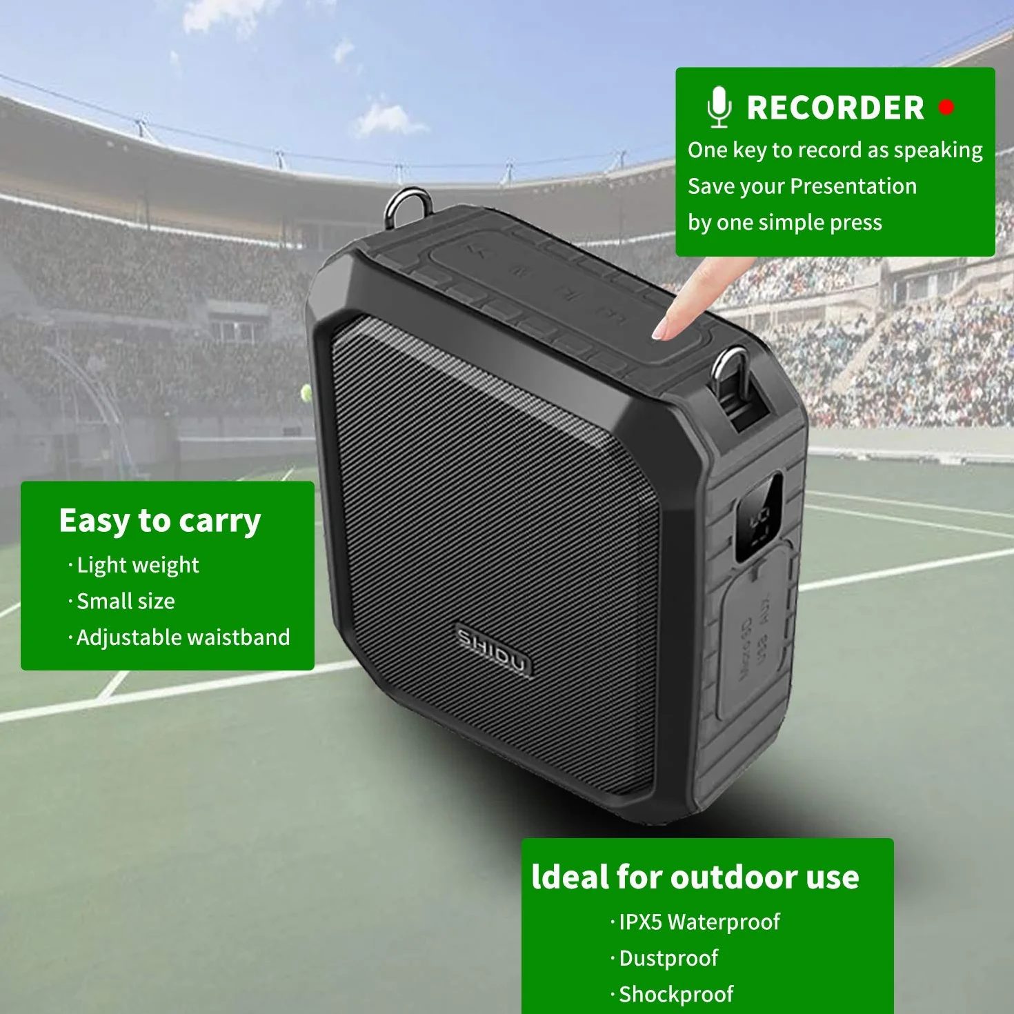 SHIDU 18W Amplificador de voz inalámbrico Sistema PA impermeable con micrófono inalámbrico UHF Altavoz Bluetooth para aula al aire libre Guía turístico