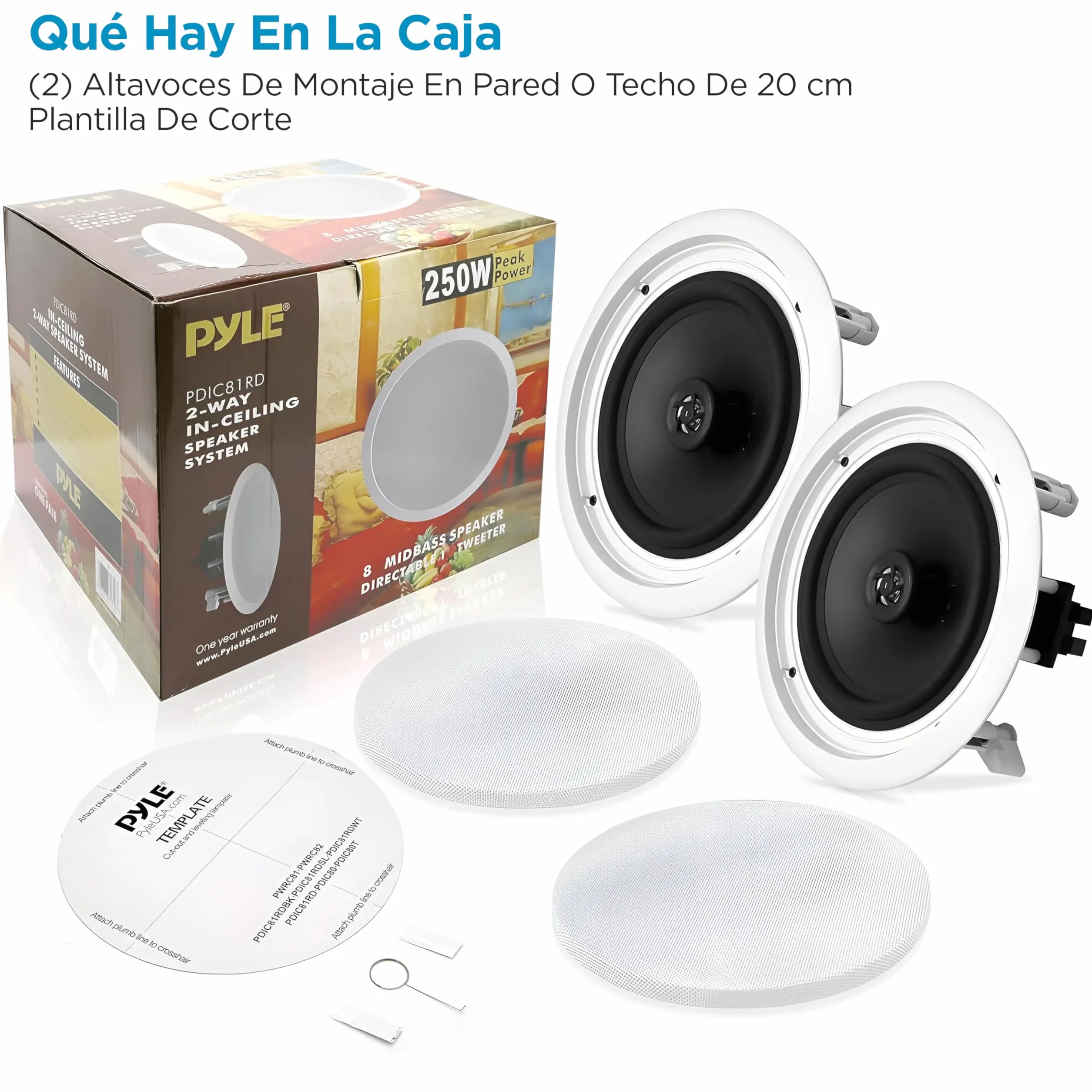 Pyle Altavoces de Pared Techo 2 Vías 8" 250W 50Hz-20kHz