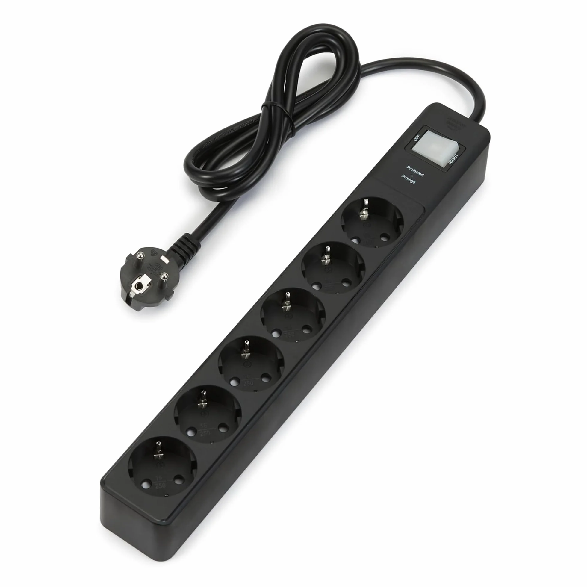 Amazon Basics regleta con 6 tomas y protección contra sobretensiones, extensión de enchufes, tapas de seguridad, cable de 1,4m, 6 enchufes, 600 J, color negro