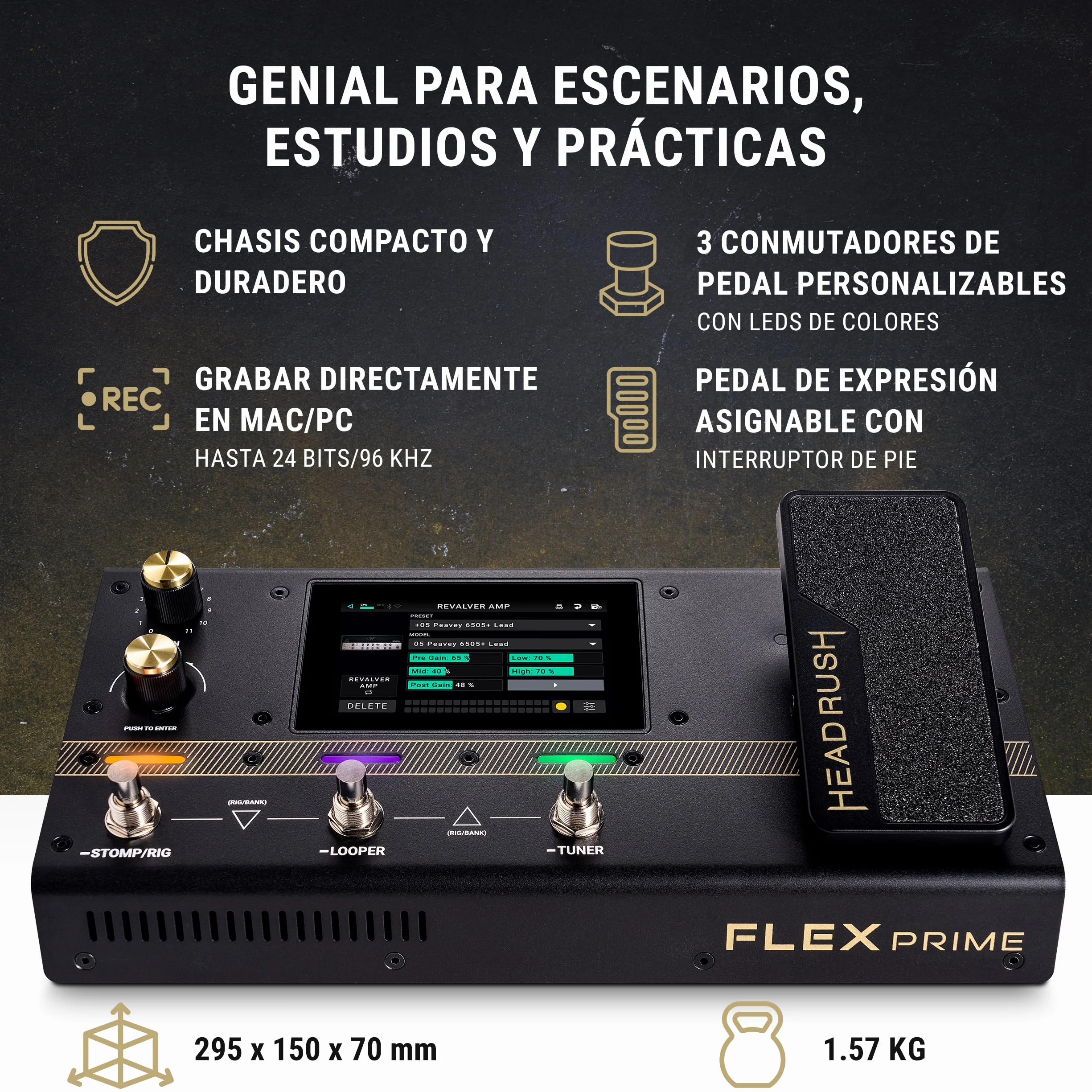 HeadRush Flex Prime - Pedal Multiefectos para Guitarra y Bajo y Procesador de Modelado de Amplis con Pantalla Táctil, Looper, WiFi, Bluetooth y USB