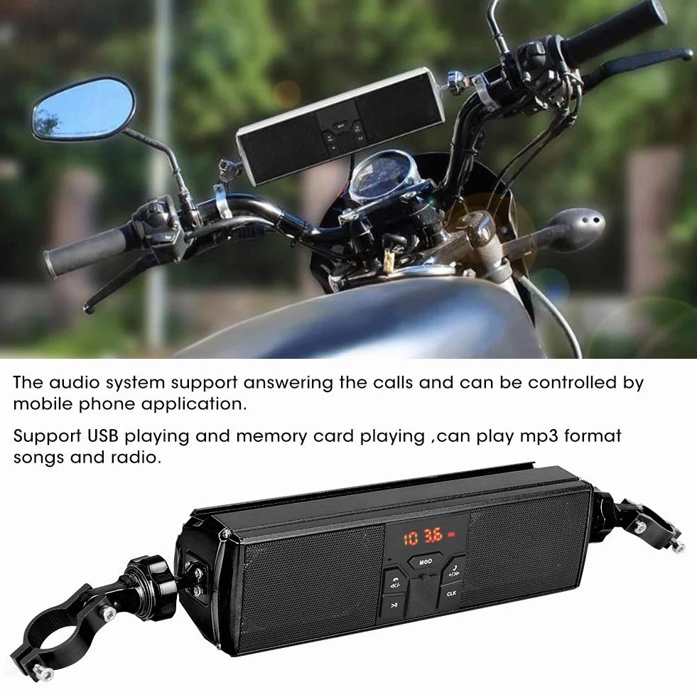 Qiilu Sistema de o de la Barra de la manija de modificación de la Motocicleta, reproducción de USB Sistema de Sonido Antideslizante a Prueba de Agua Altavoz estéreo de Moto(Negro)