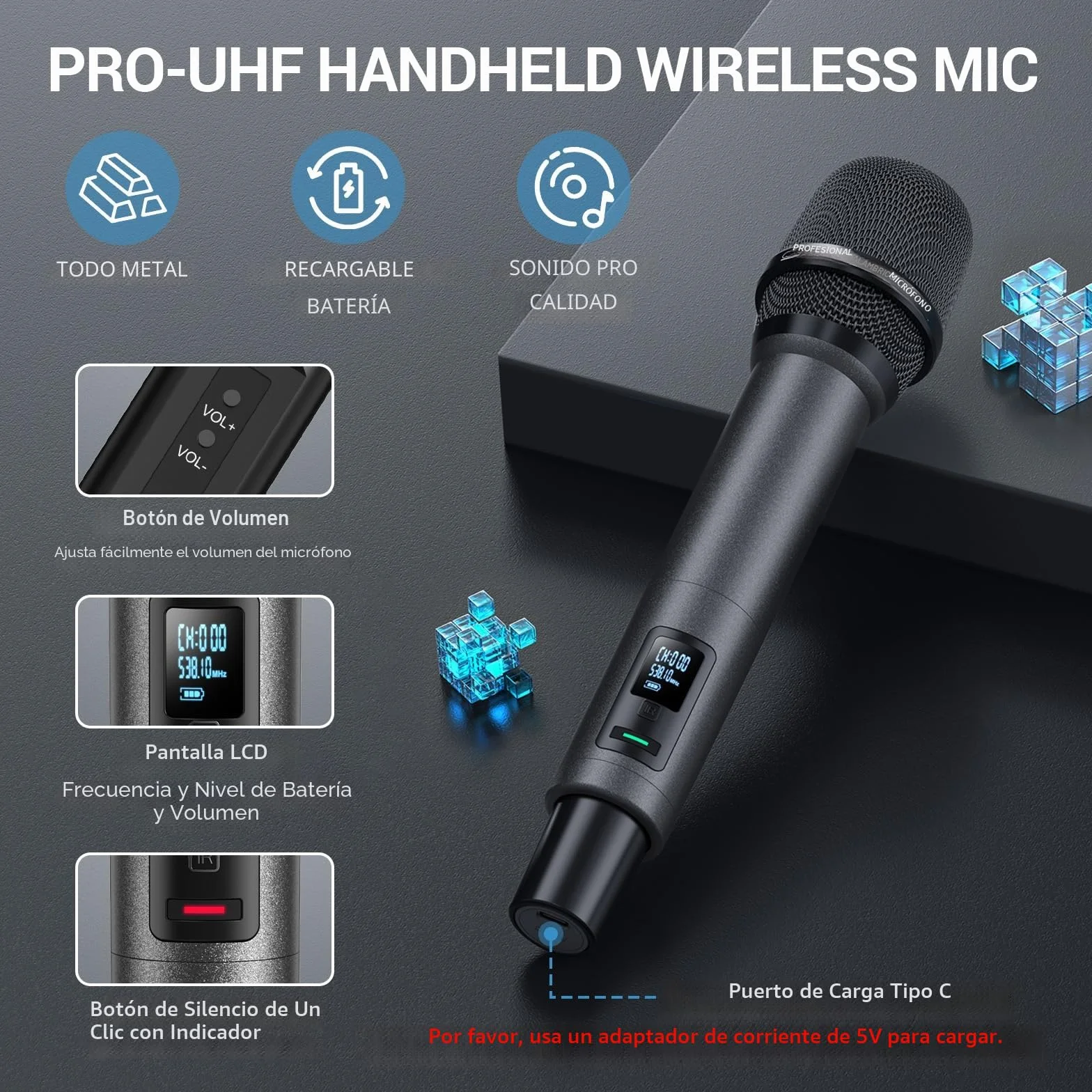 TONOR Sistema de Micrófono Inalámbrico, Micrófono Profesional Recargable, Micrófono Dinámico Inalámbrico de Metal UHF 2x100 para KaraokeIglesia, Canto, Bodas, Reuniones, DJ, Auto Scan, 80 M, TW550