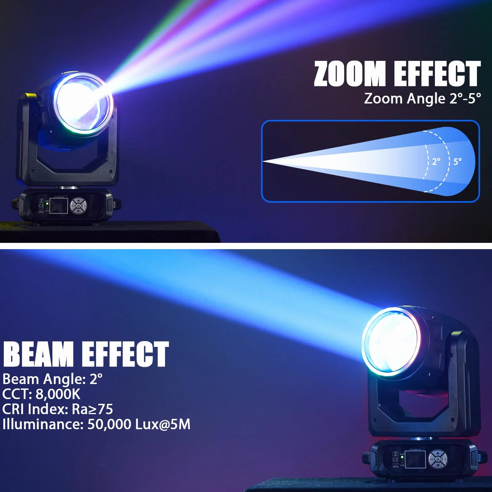 2 piezas 200W LED Cabeza Móvil Luces de Discoteca, Luz de escenario RGBW Beam con 18 Prismas 11+1 Colores 14+1 Patrones Clubes Fiestas Conciertos Discotecas DJ