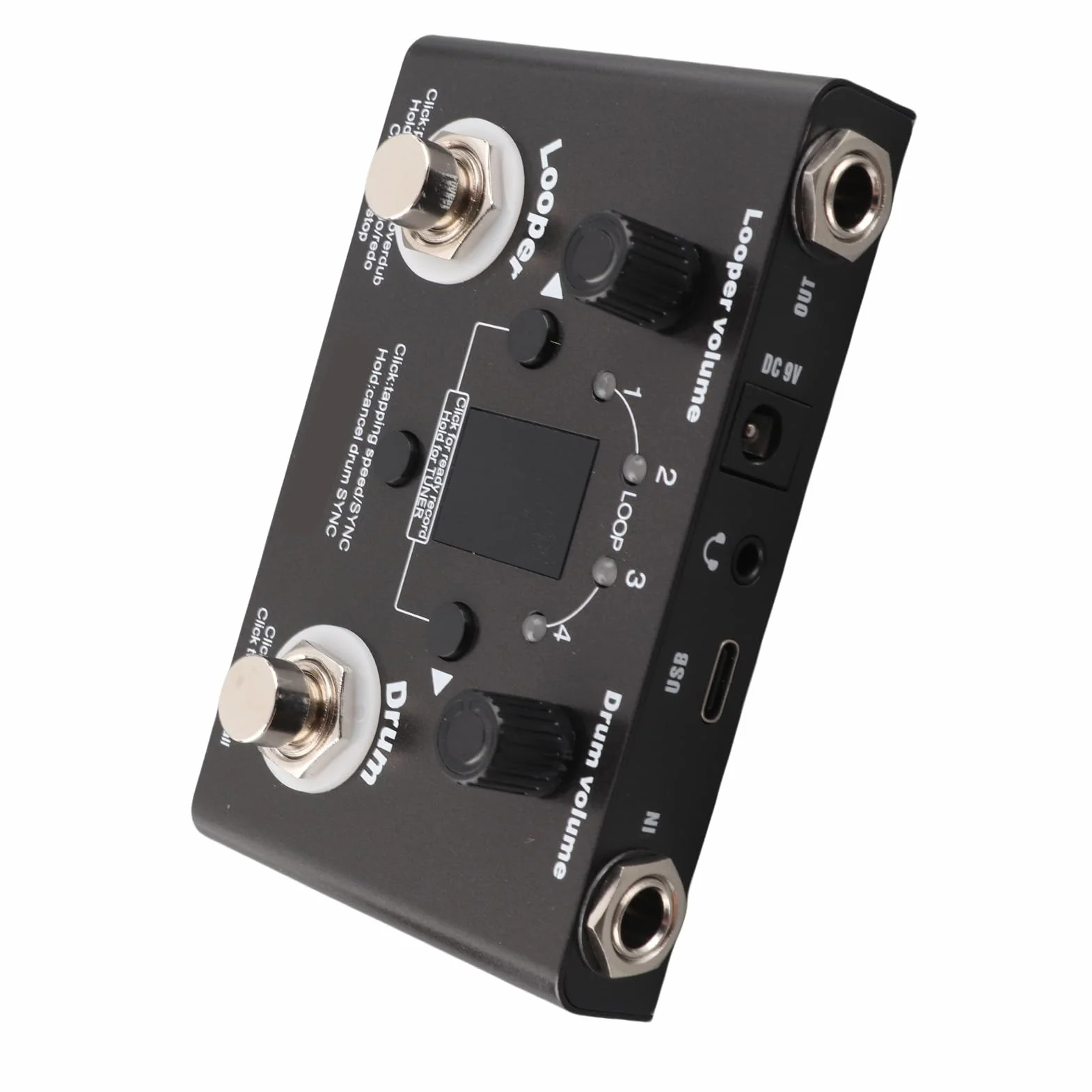 Drum Looper Pedal Professional Metal 4 Ubicaciones de Almacenamiento 11 Minutos Tiempo de Grabación con Sintonizador Incorporado para Guitarristas y Músicos Negros