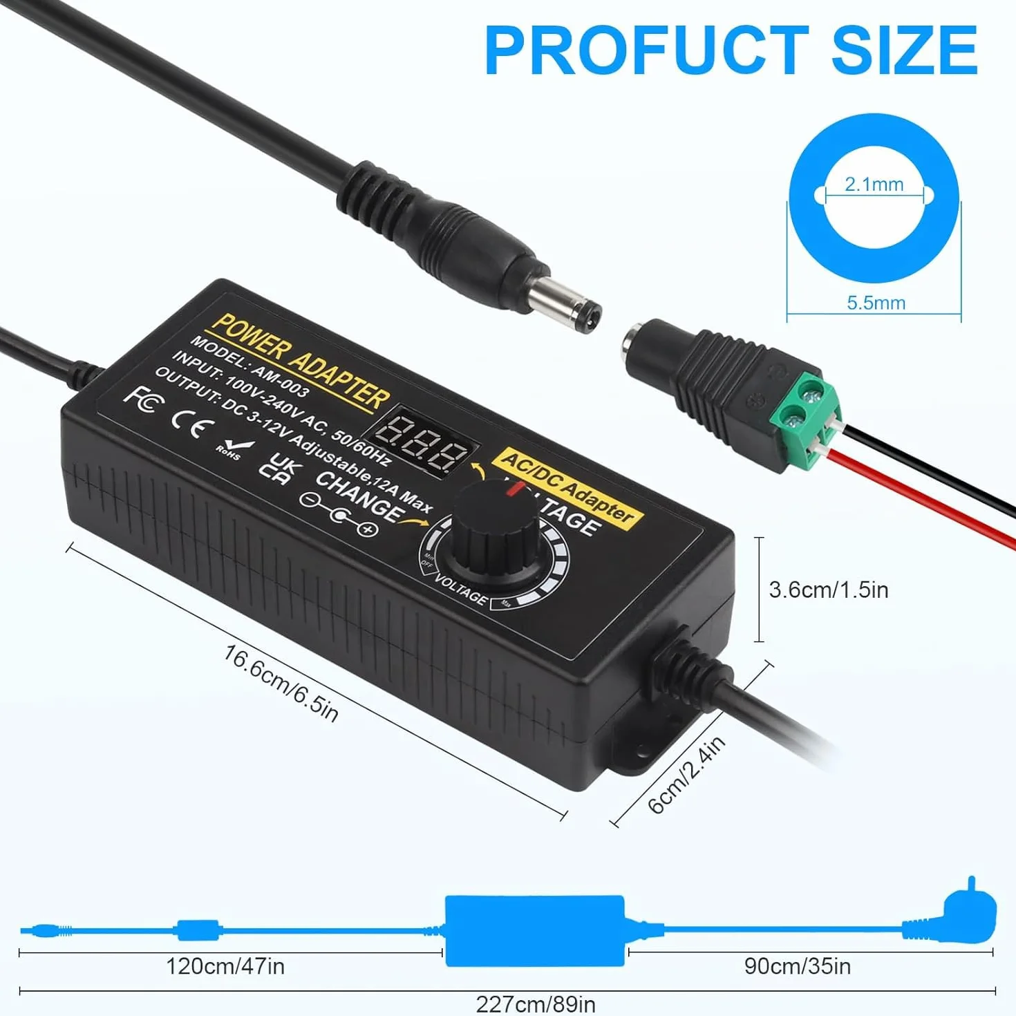 Adaptador Universal Ajustable de 100 V-240 V CA a CC 3 V-12 V 12 A, Adaptador de Corriente Ajustable con 14 Puntas y Cable de Polaridad