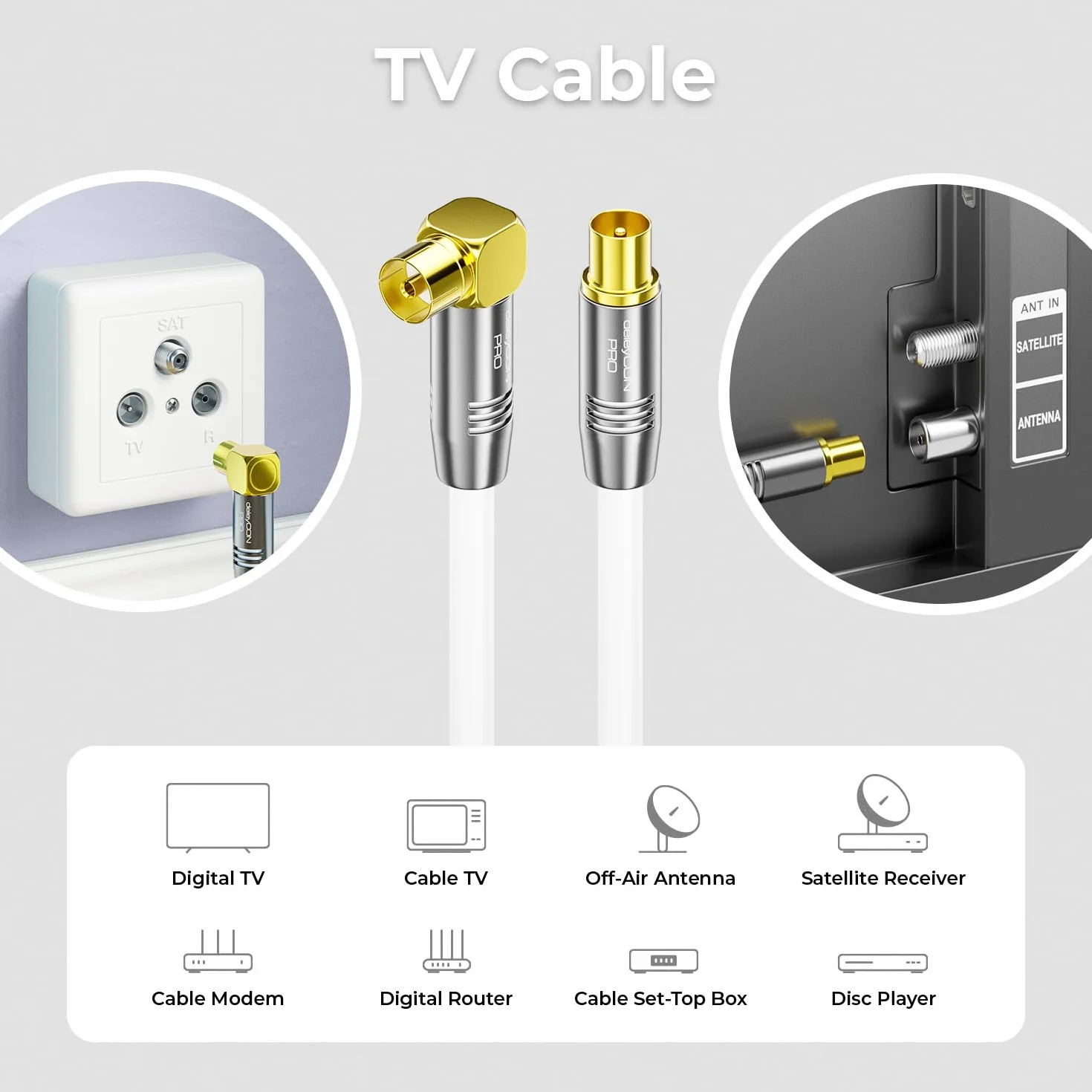 deleyCON 3,0m Cable Antena TV 4K - 4K Ultra-HD Full HD HDTV - 1x Acodado - Cable Coaxial - Conector IEC (Recto) a Toma IEC (90° Grados) - Conector Metálico - Blanco