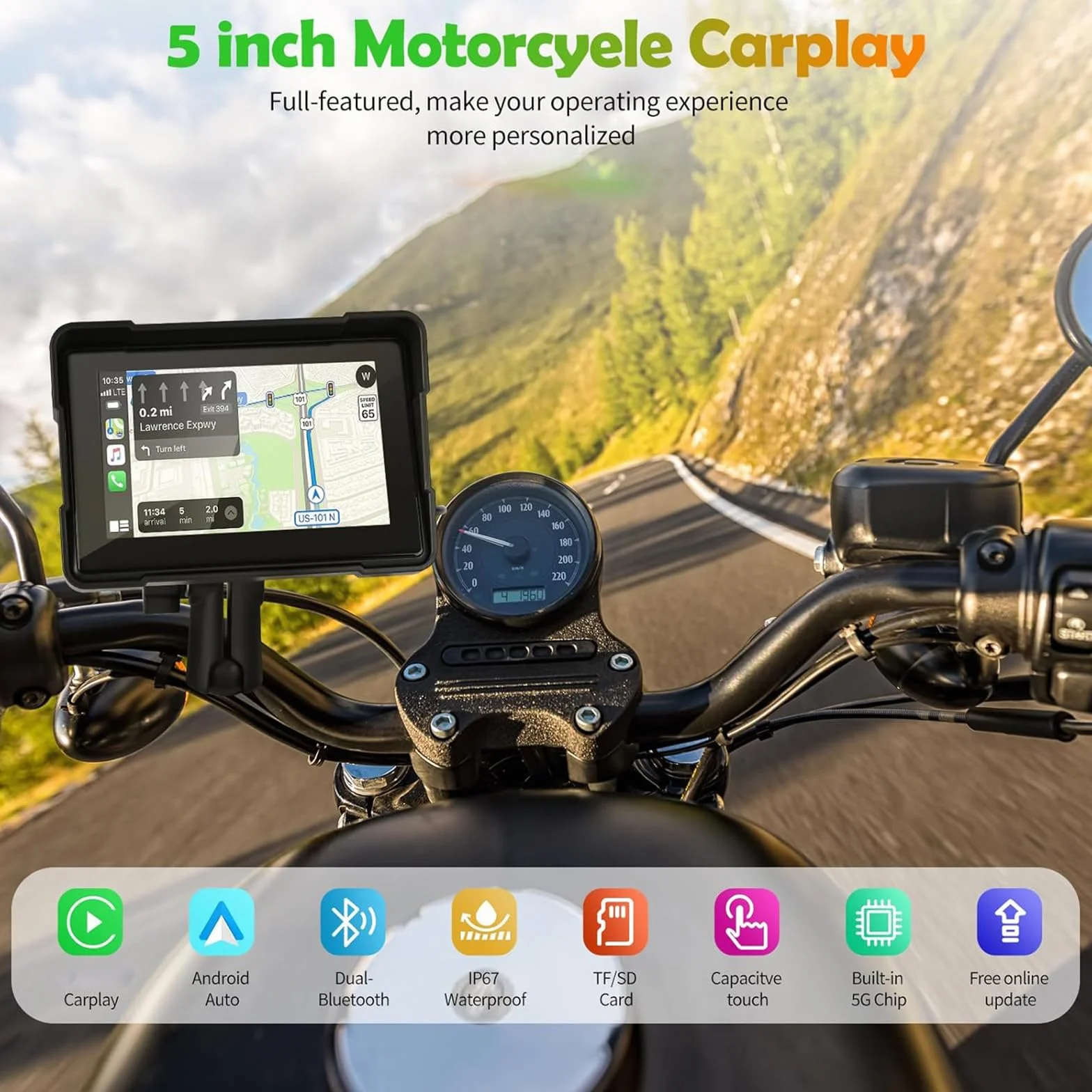 Carplay de Motocicleta y Android Auto, Euakee Carplay con Pantalla Táctil Impermeable de 5 Pulgadas, Sistema de Navegación GPS Inalámbrico Portátil para Motocicleta, Soportes de Montaje Incluidos