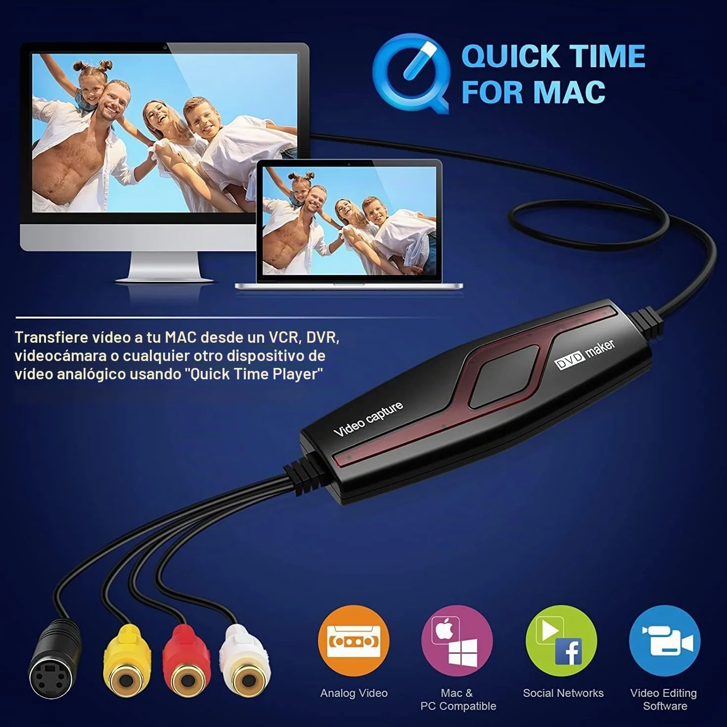 DIGITNOW!Convertidor de Captura de Vídeo USB,Hi8 VHS a DVD Digital Grabber Grabador ,Capturadora de Audio Vídeo para Mac Windows,Digitalizadora y Edite con Adaptador Scart/AV