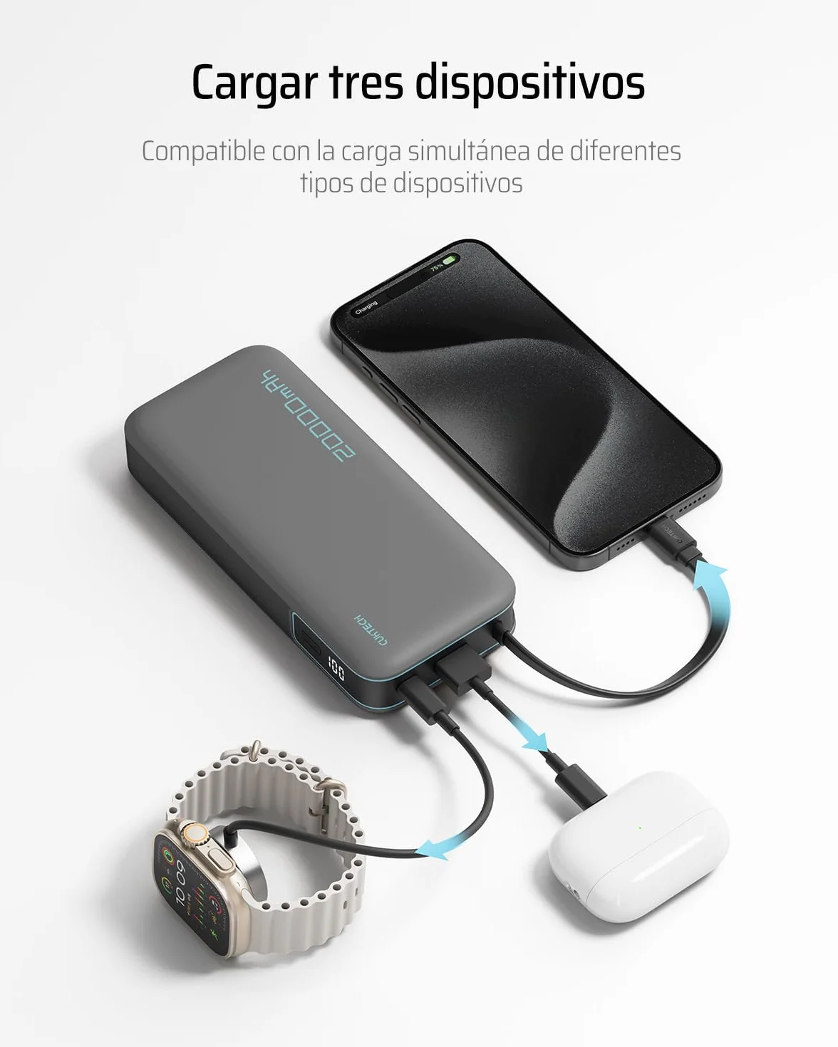 CUKTECH CP25 Power Bank 20.000mAh, Batería Portátil con Cable USB-C Integrado, PD 45W