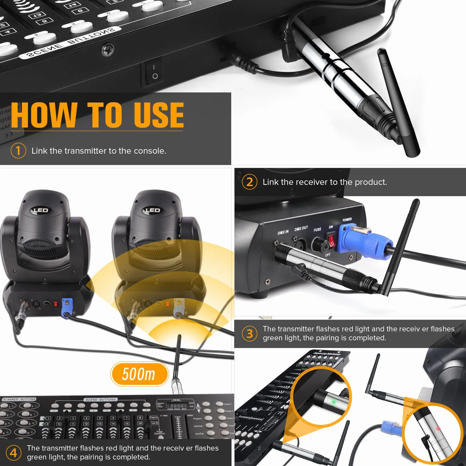 Controlador DMX Inalámbrico con Cajas, Transmisor/Receptor Inalámbrico DMX512 Controlador de luz de Iluminación LED Funciona con Controlador DMX para luz de Cabeza Móvil Barras LED Fiesta Disco