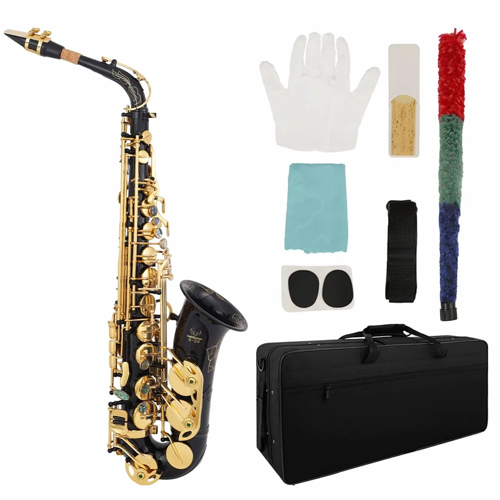 Saxofón alto Bullfighter en Mi♭ – Latón con laca dorada con estuche duro – Juego completo que incluye correa para el cuello, guantes, kit de cuidado y boquilla de repuesto – Ideal para principiantes y