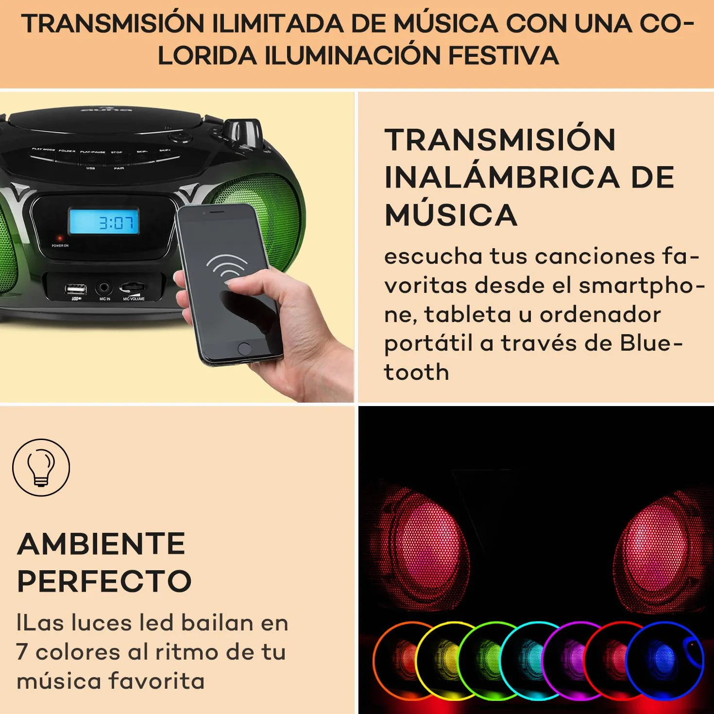 Auna Radio Portatil Pequeña con CD para Casa de 3W, Boombox FM+ Radio con Bluetooth + AUX Sonido Estéreo, Pantalla LED y Luces, con Asa, Transistores Radio Digital con USB, MP3, Carga Eléctrica