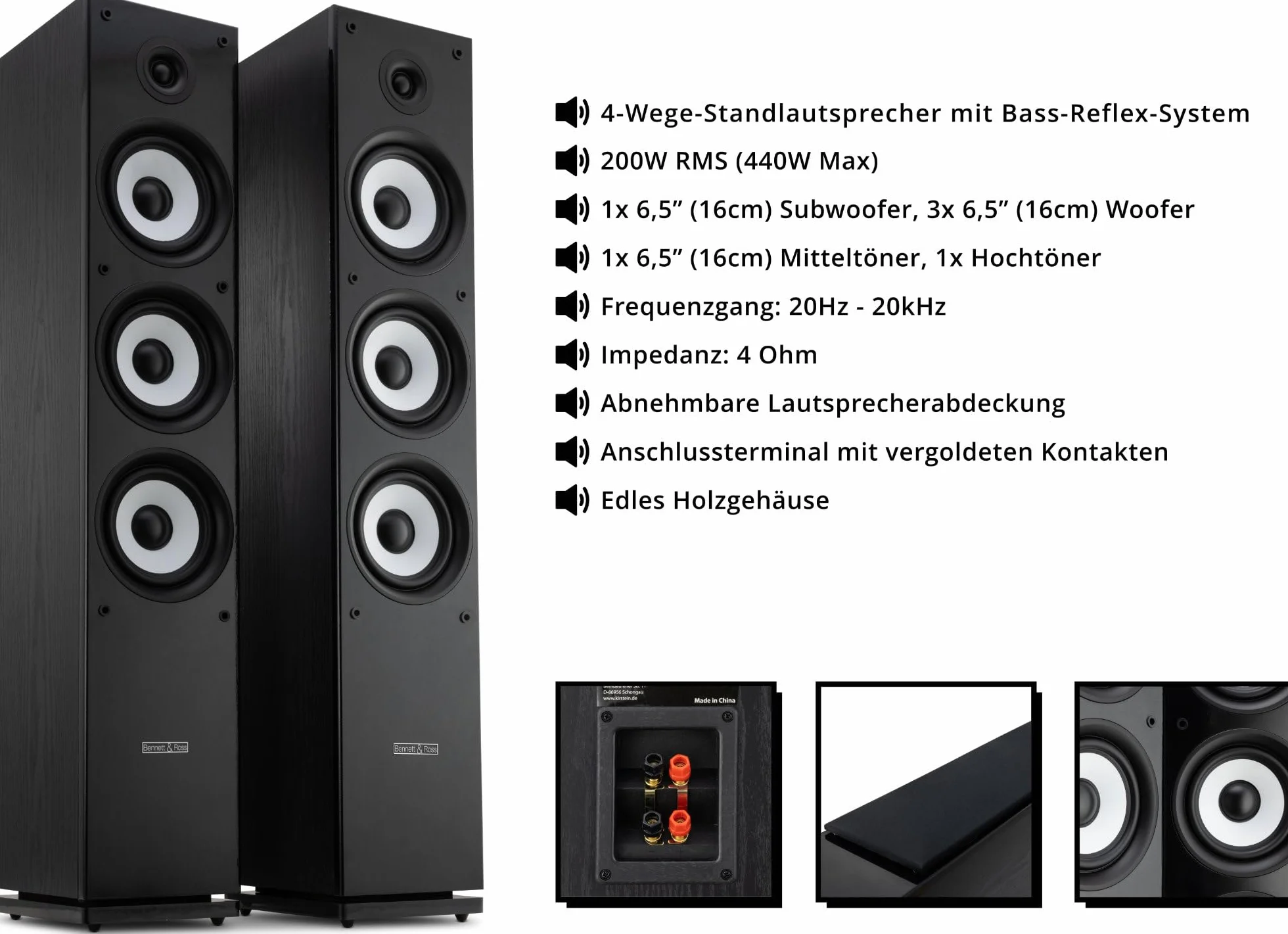 Bennett & Ross Ultrasphere Pareja De Altavoces HiFi De Pie De 3 Vías - 200W RMS - 2 x 6,5" Woofer - 6,5" Altavoz Medio - 1" Tweeter - Construcción Bassreflex - Acabado con Veta De Madera - Negro
