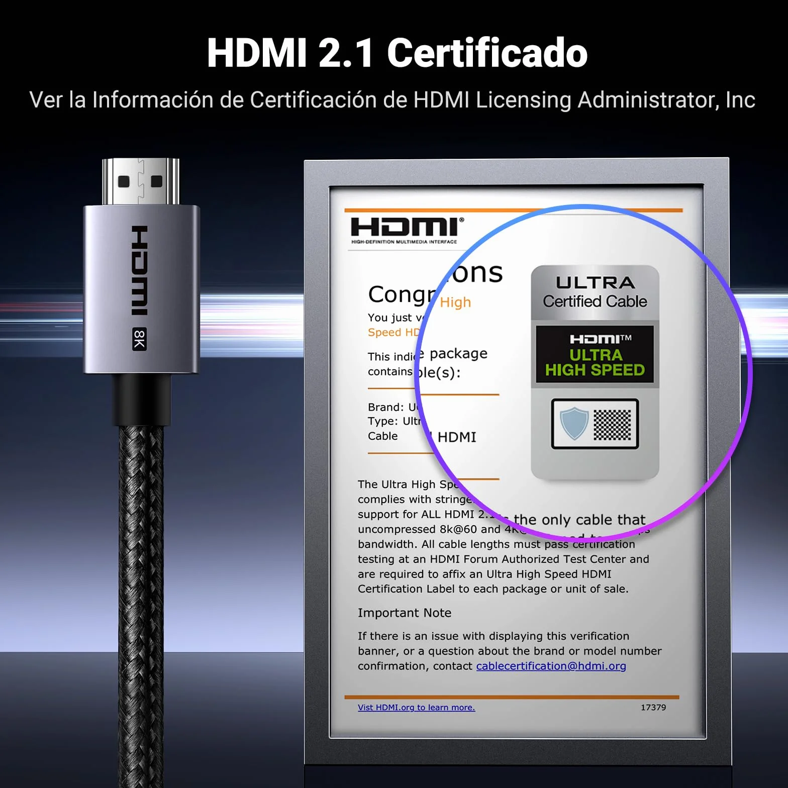 UGREEN Cable HDMI 2.1 8K 60Hz 4K 240Hz 48Gbps Aluminio eARC HDCP HDR Dolby Atmos 2M