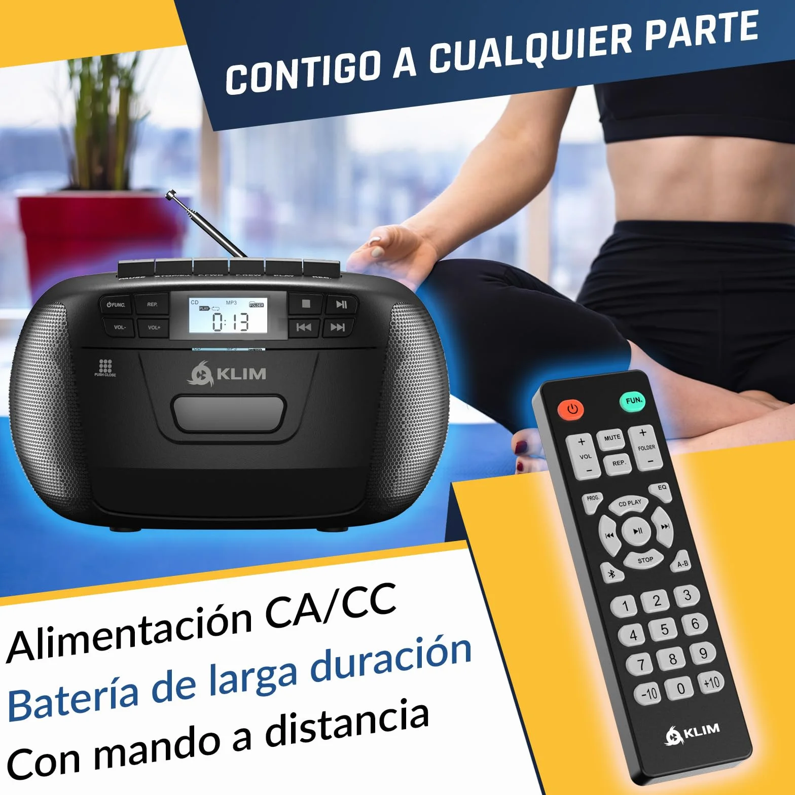 KLIM Reproductor CD Cassette Radio AM/FM Bluetooth Control Remoto AUX Grabación Cinta Estéreo