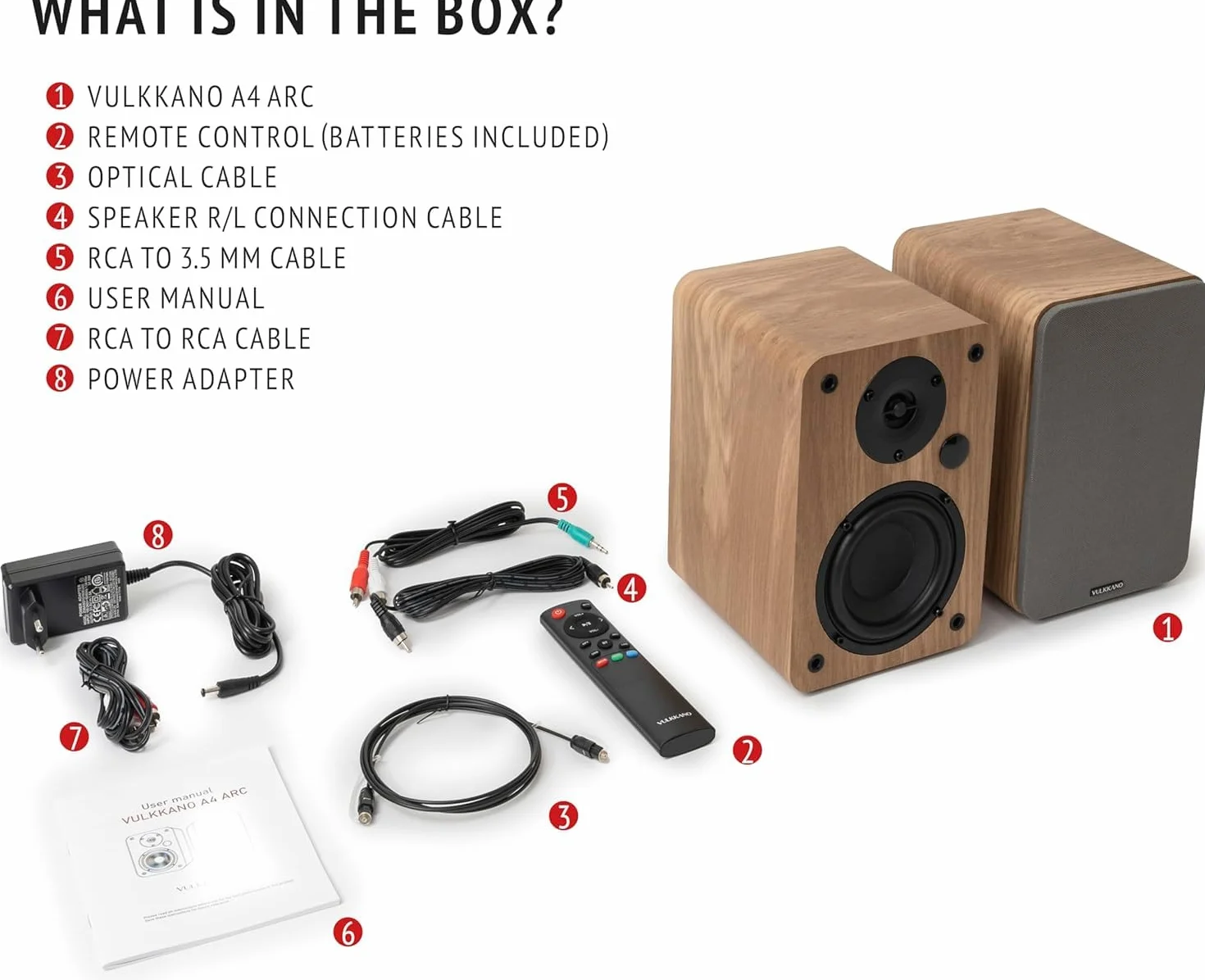 VULKKANO A4 ARC Altavoces Autoamplificados con Woofer de 4", Bluetooth 5.0, HDMI ARC, Optica, RCA, USB, con Salida Subwoofer, Monitores de Estudio con Diseño Elegante, Color Marron