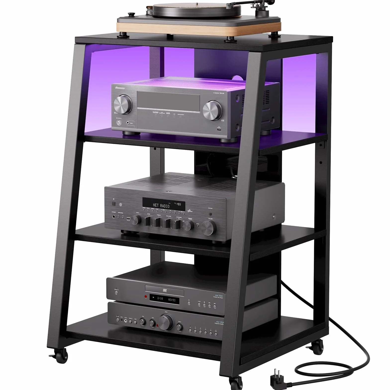 Lifewit 4 Estante Soporte Multimedia AV con Tomas de Corriente, Estantes Estéreo con Luces LED, Ruedas y Estantes Ajustables para Tocadiscos, Rolling Media Console, 60 x 55 x 90 cm, Negro