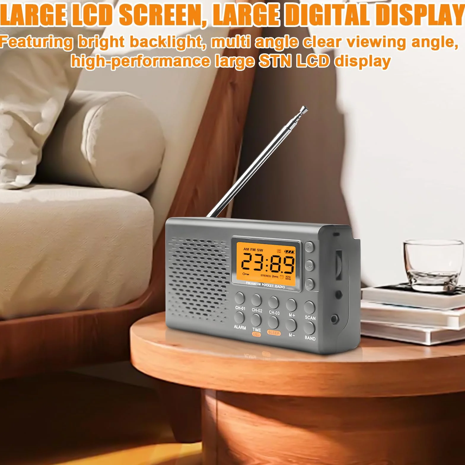 radio portátil, AM, FM, SW con pantalla LCD, pilas, altavoz integrado, alarma, temporizador de sueño, conexión para auriculares, cocina, 35 ajustes preestablecidos