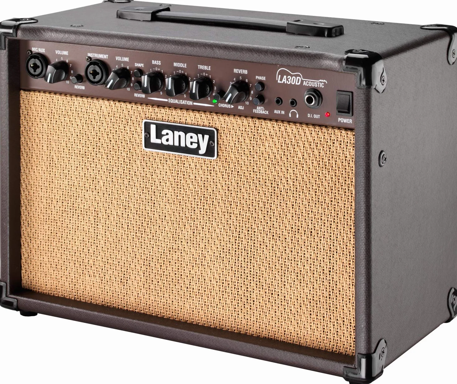 Laney LA30DAmplificador de guitarra acústica – Amplificador de combo de 30W de doble canal con entradas de micrófono y instrumento XLR o jack, reverberación, coro, anti retroalimentación - Marrón