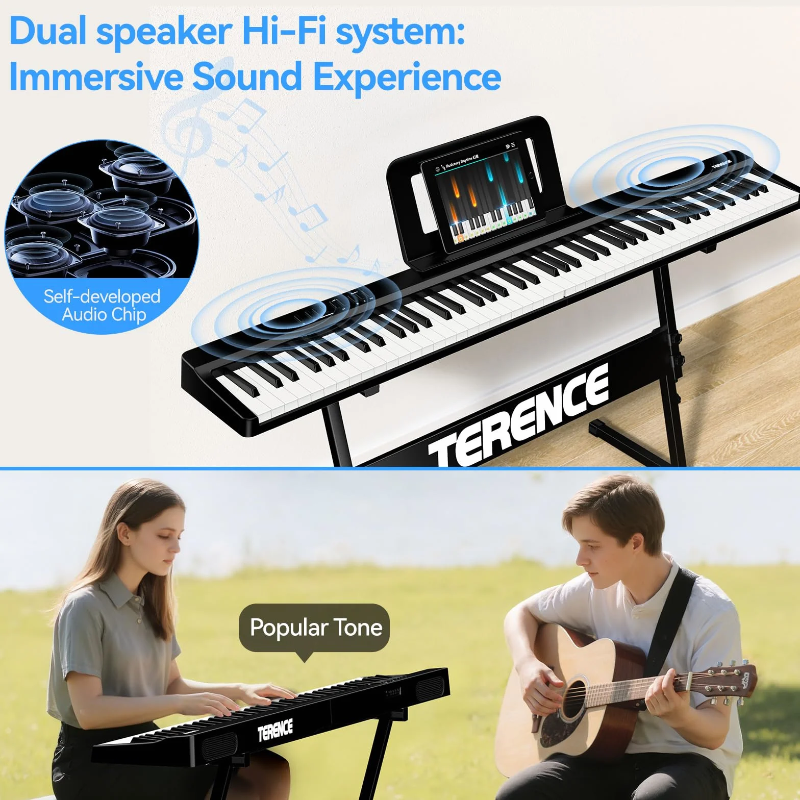 TERENCE Teclado de piano Piano digital portátil de 88 teclas con soporte Z, teclado semipesado para principiantes y expertos, función de grabación de audio integrada, interfaz MIDI Bluetooth.