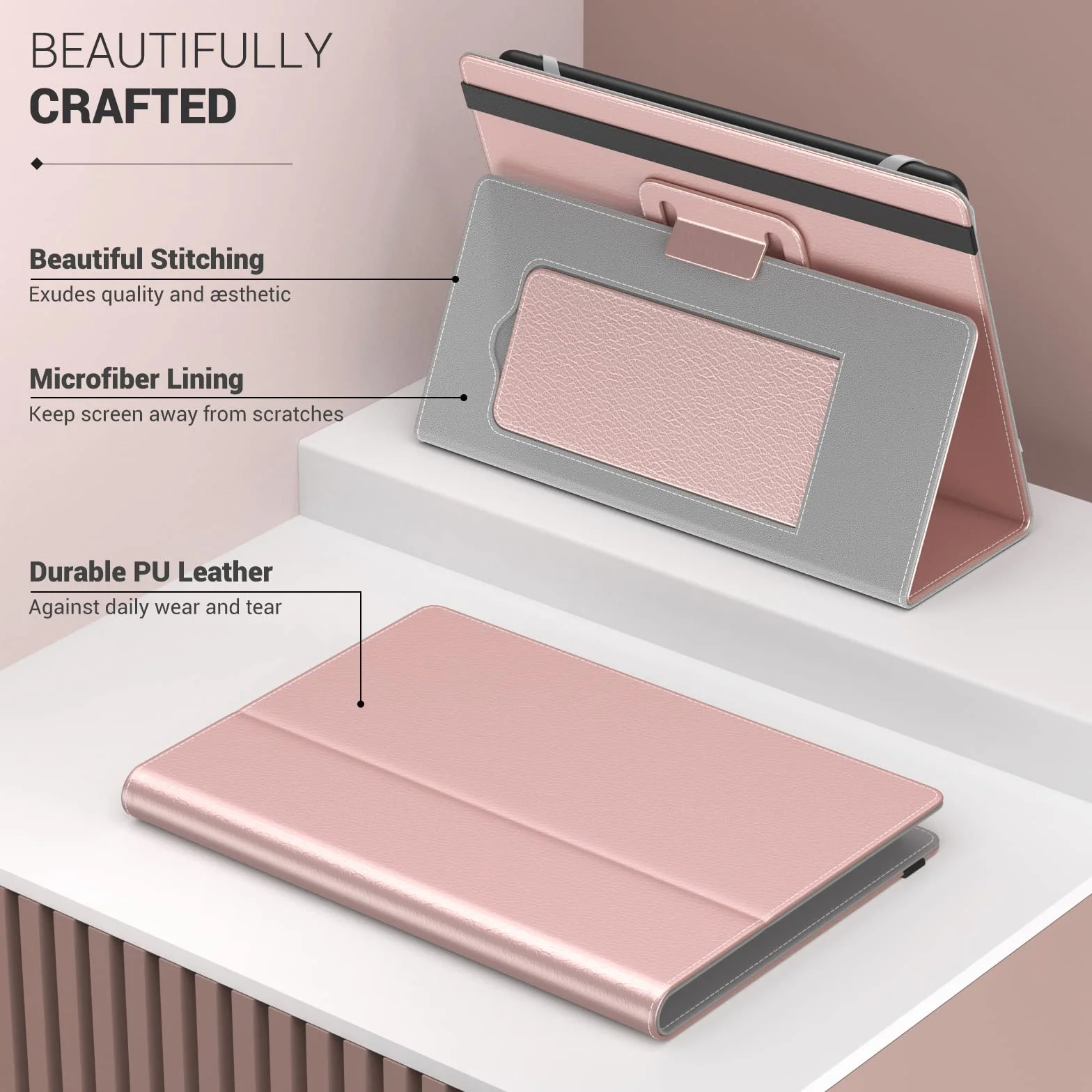 Funda Universal MoKo para Kindle eReaders Fire 6, 6.8, 7 Pulgadas, Piel Sintética, Correa de Mano, Soporte, Rosa