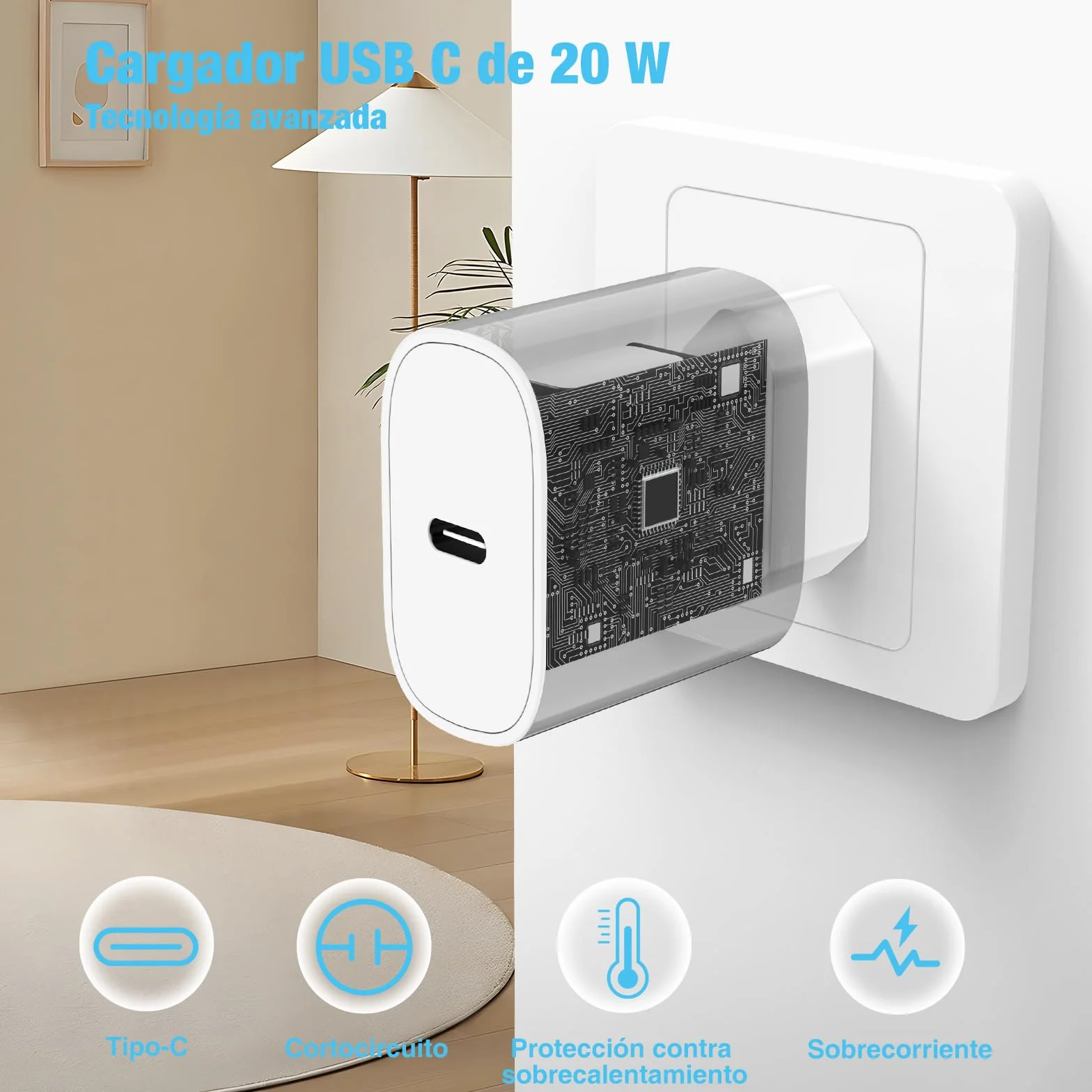 Cargador USB-C Carga Rápida 20W para iPhone 17 16 15 con Cable 2M