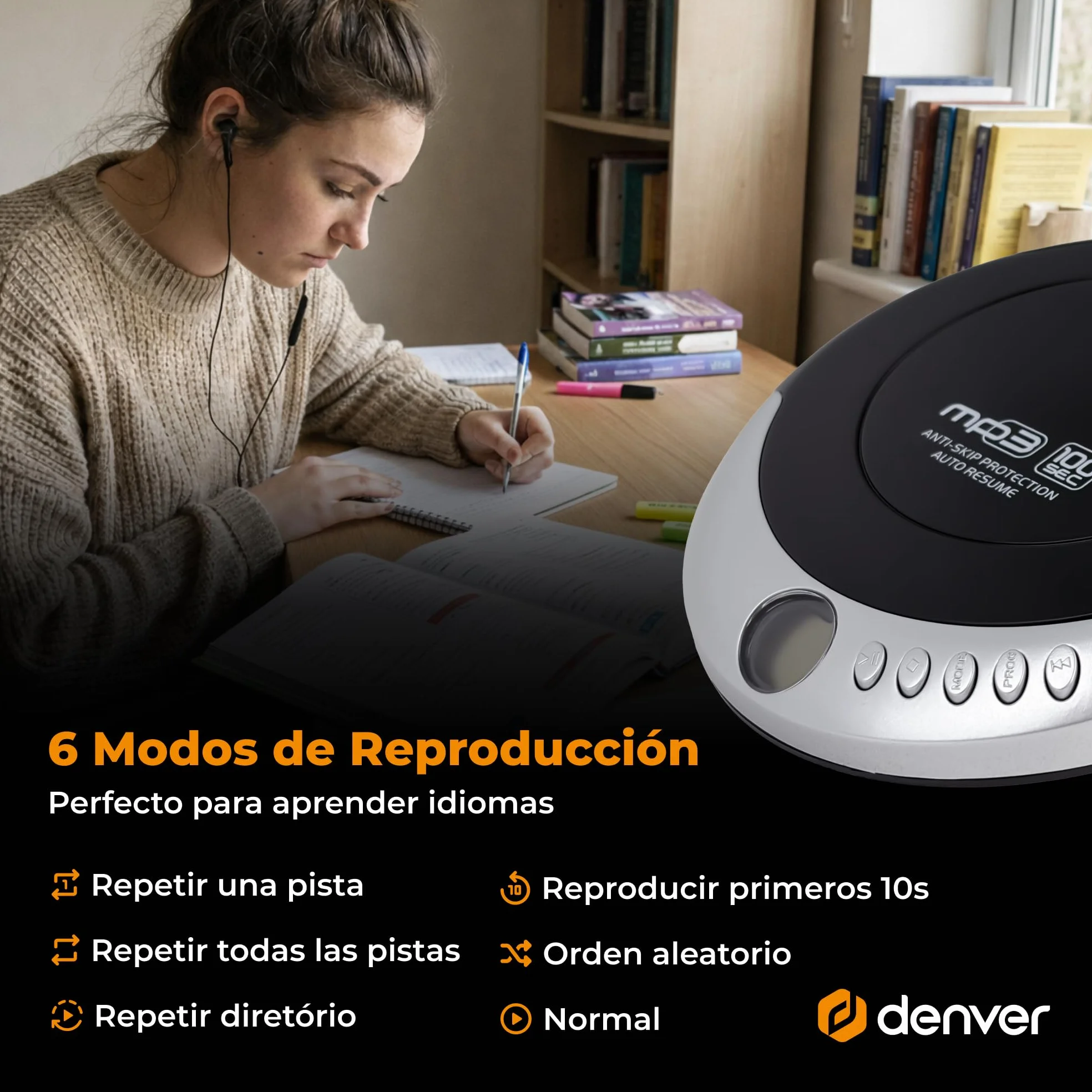 Denver DMP-391 Reproductor de CD/MP3 portátil antishock 40/100 s Auto Resume Bass Boost Pantalla LCD