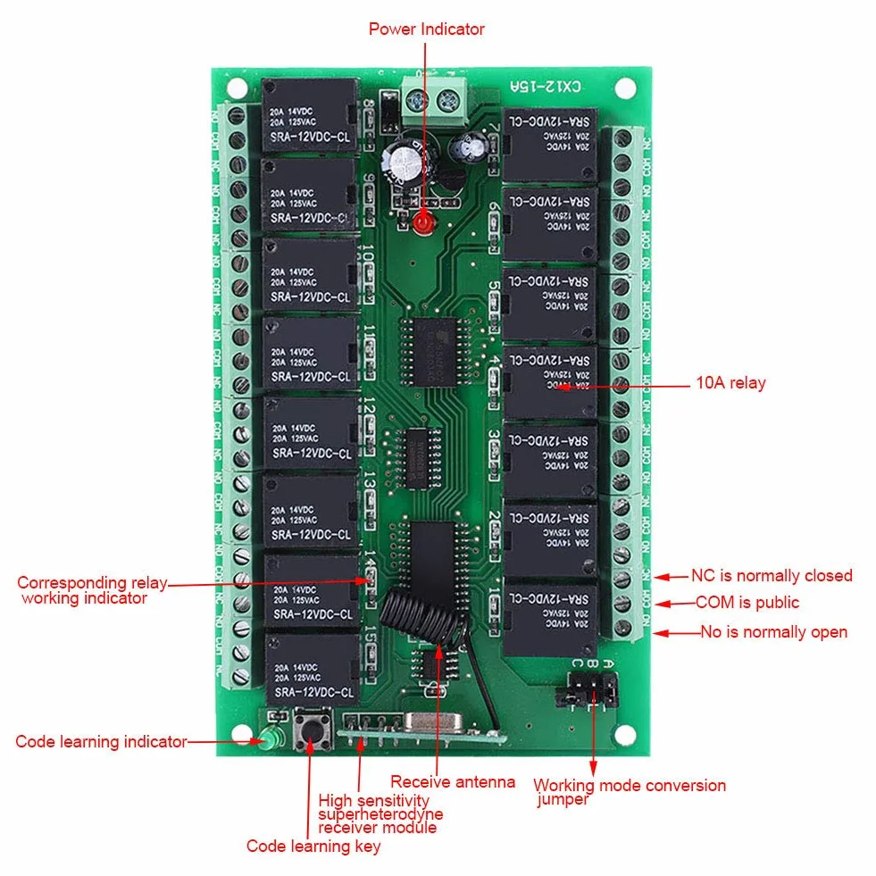 Transmisor de Interruptor de Control Remoto inalámbrico DC 12V Relé de 15 Canales con Placa receptora Autobloqueo/Enclavamiento/Jog